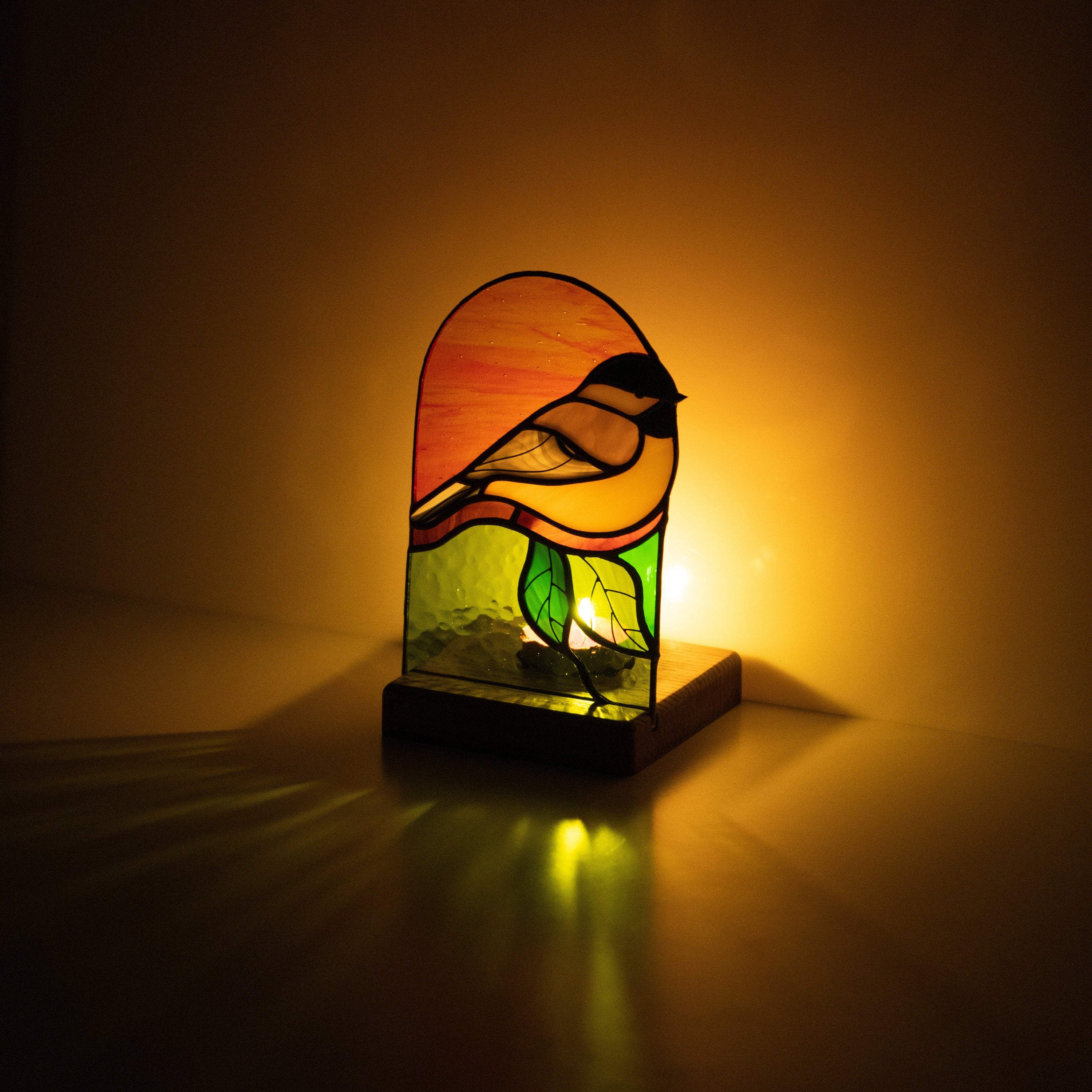 Chickadee stained glass candle holder Grandma gift Custom stained glass bird panel Modern stained glass suncatcher