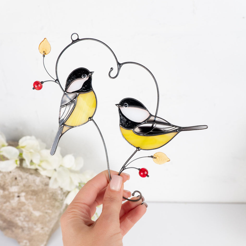 Couple of chickadees stained glass suncatcher Mothers Day gift ideas Bird wall art