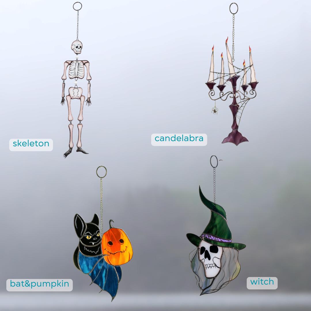 Skeleton stained glass window hangings Halloween wall decor Stained glass horror Halloween gift Skull Gothic decor