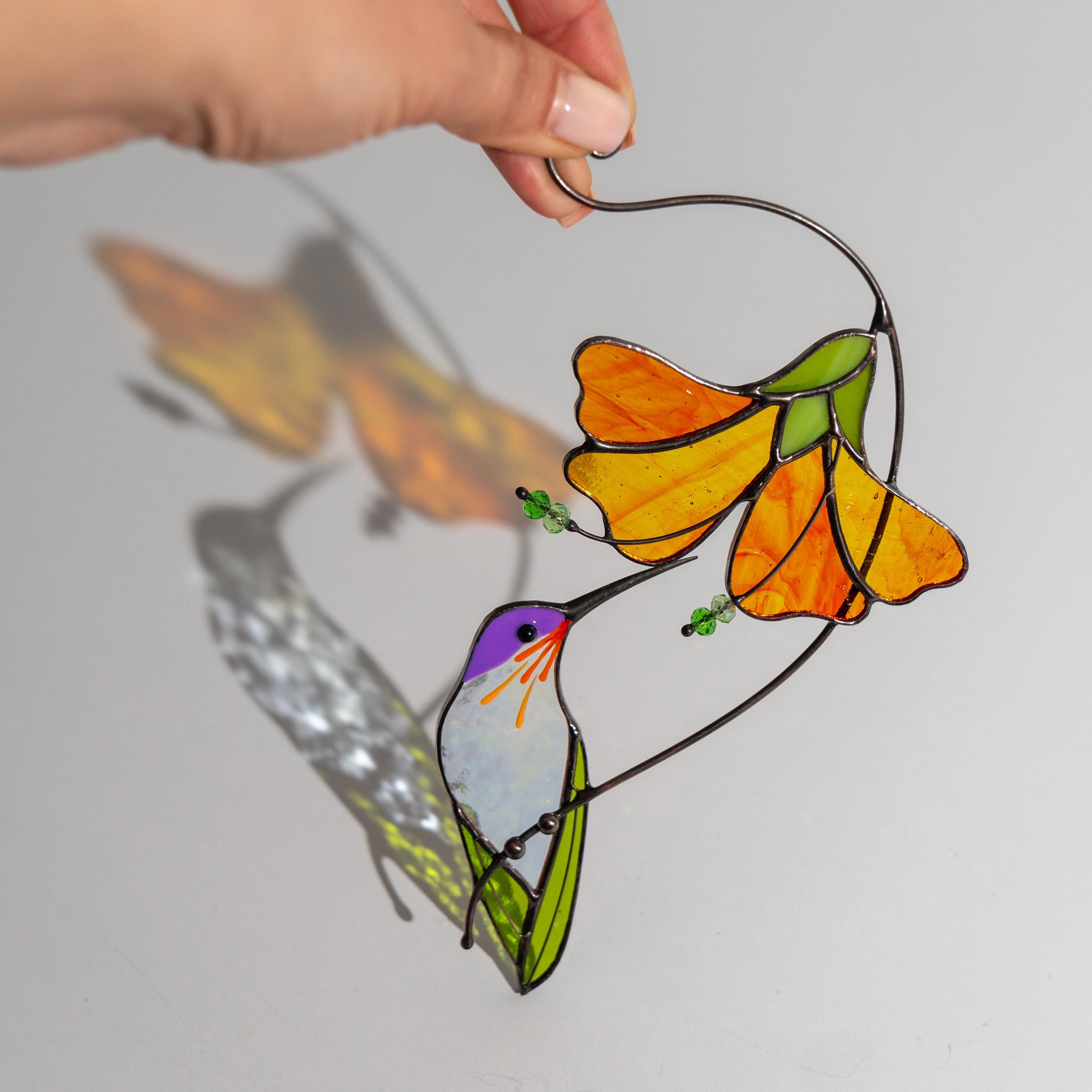 Hummingbird stained glass sun catcher Grandma gifts Flower stained glass window hangings Gift for dad