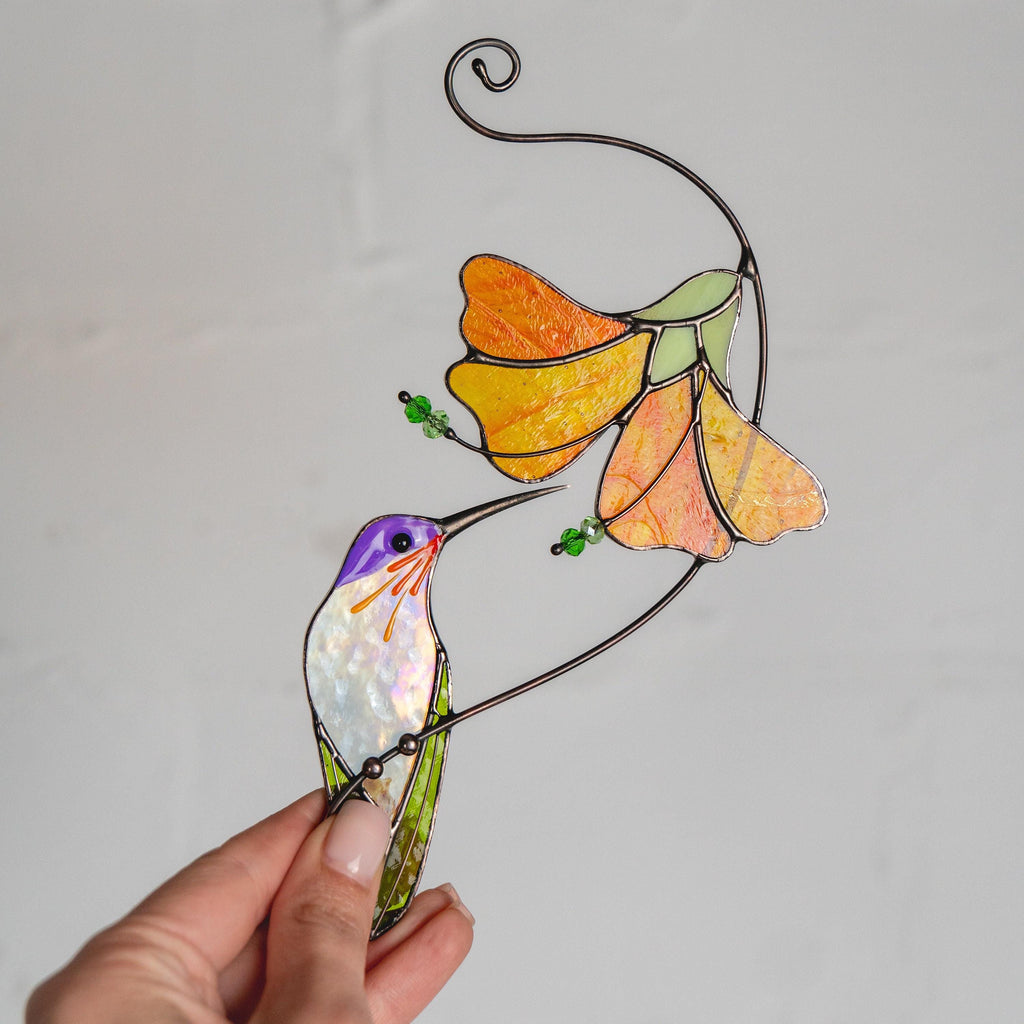 Hummingbird stained glass sun catcher Grandma gifts Flower stained glass window hangings Gift for dad