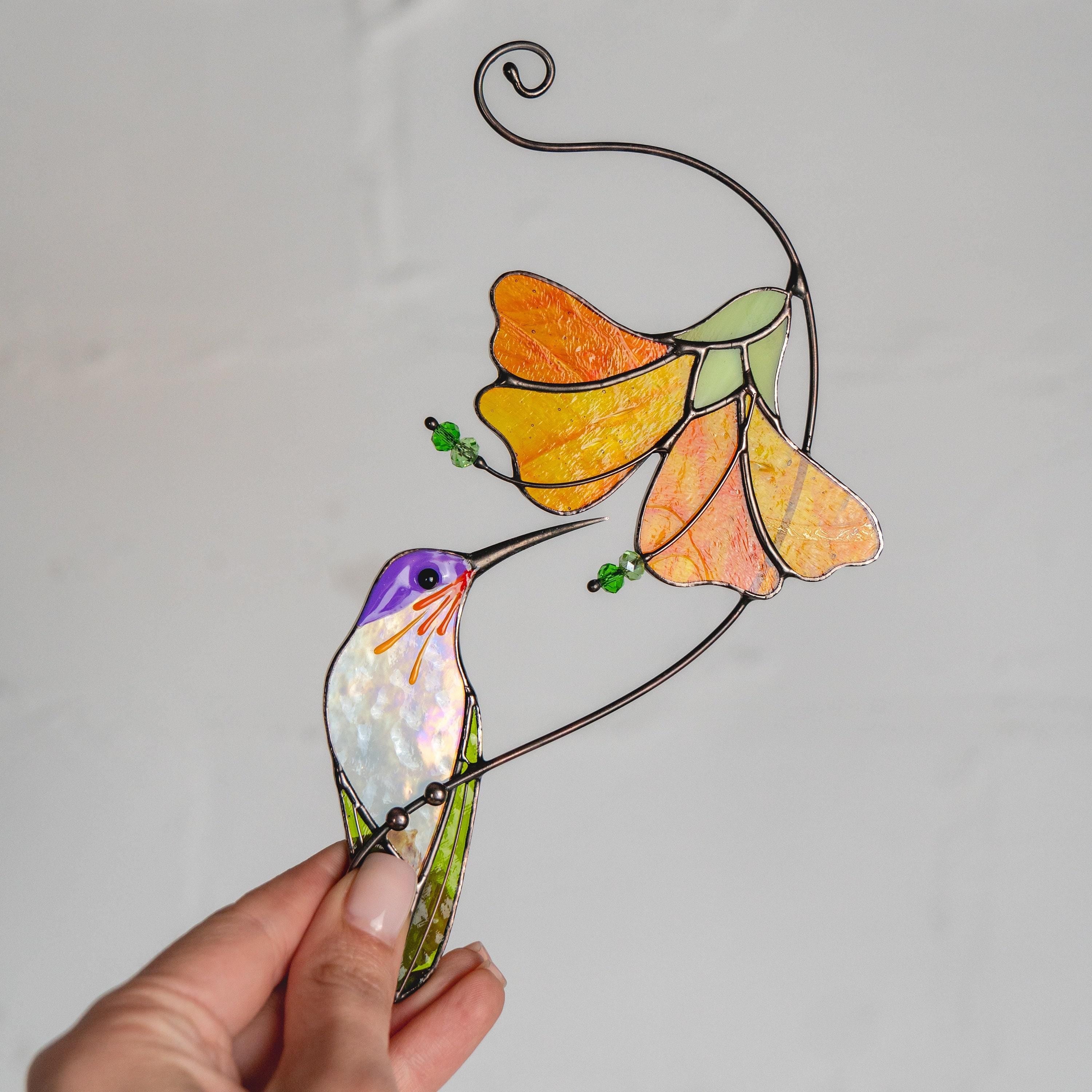 Hummingbird stained glass sun catcher Grandma gifts Flower stained glass window hangings Gift for dad