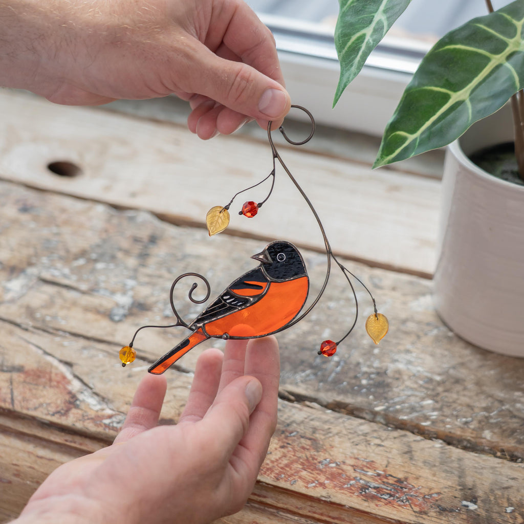 Baltimore oriole stained glass window hangings Godfather gift Bird suncatcher Garden art