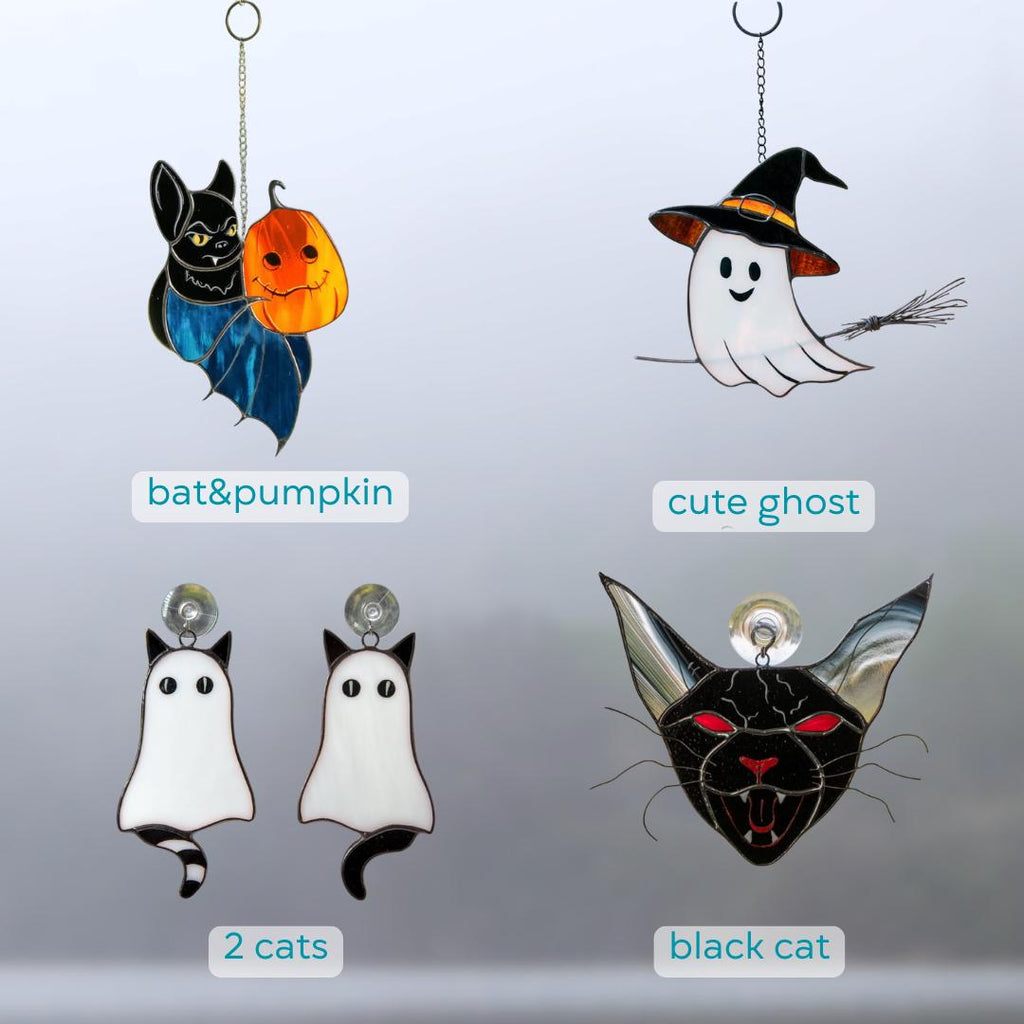 Stained glass cat Halloween decor indoor Custom stained glass window hangings Halloween suncatcher Modern stained glass Halloween gifts