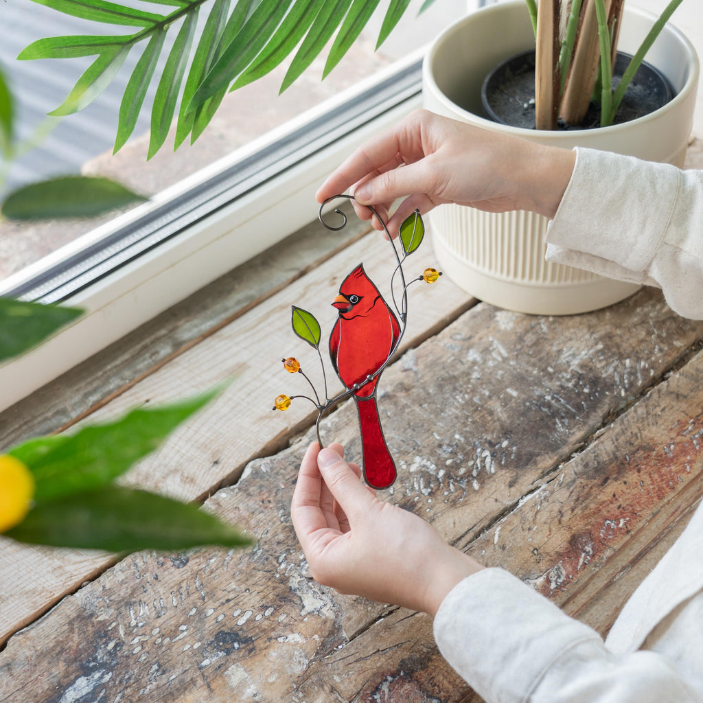 Cardinal ornament stained glass window hangings In memory gifts Bird art stained glass suncatcher Sister in law gifts Hanging suncatcher