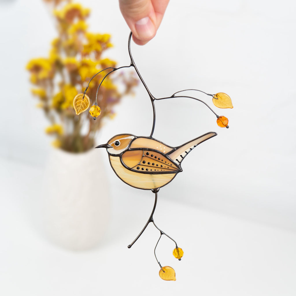Carolina Wren stained glass window hangings Godmother gift Bird suncatcher
