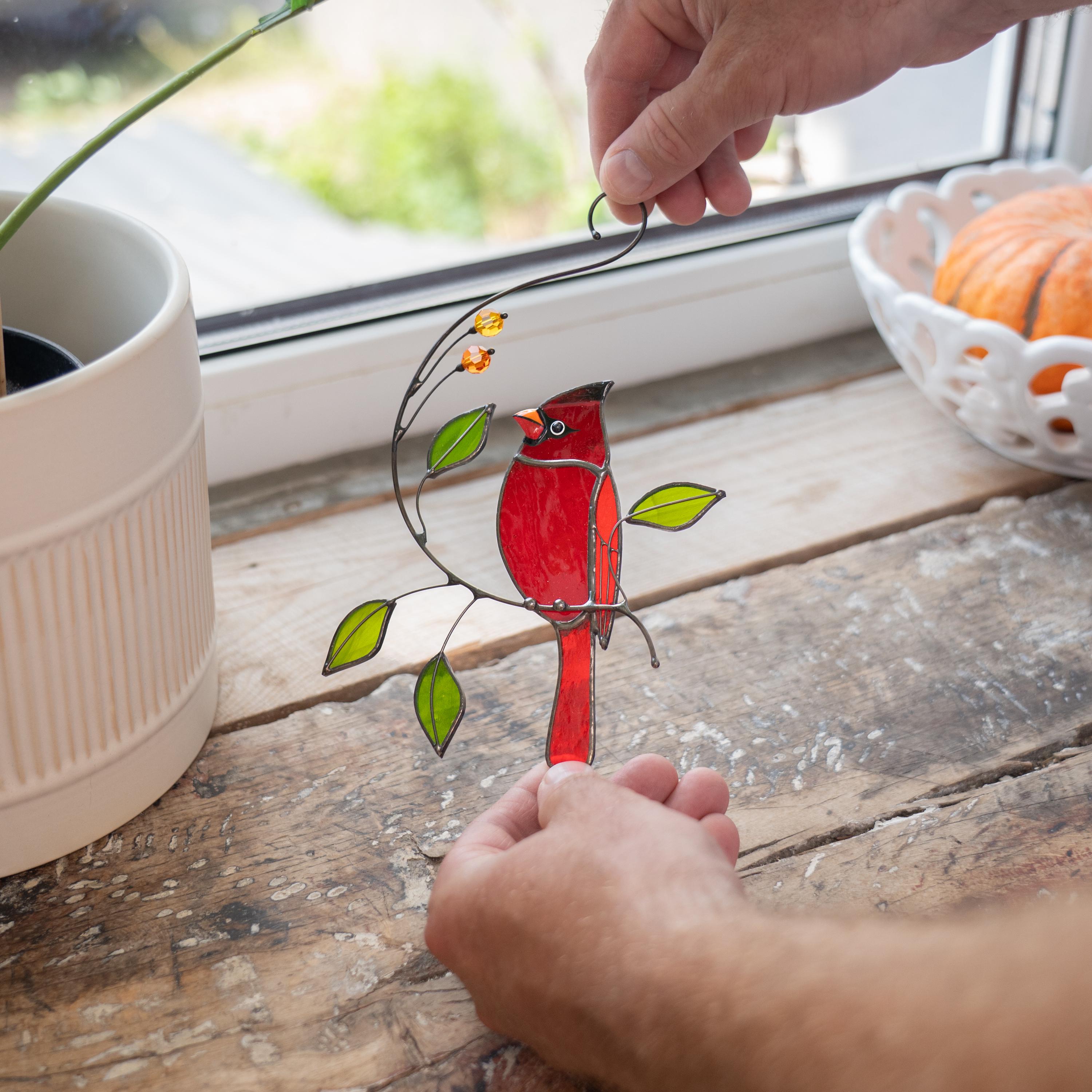 Cardinal stained glass bird Sympathy gifts for loss of father Cardinal ornament stained glass window hangings Godfather gift