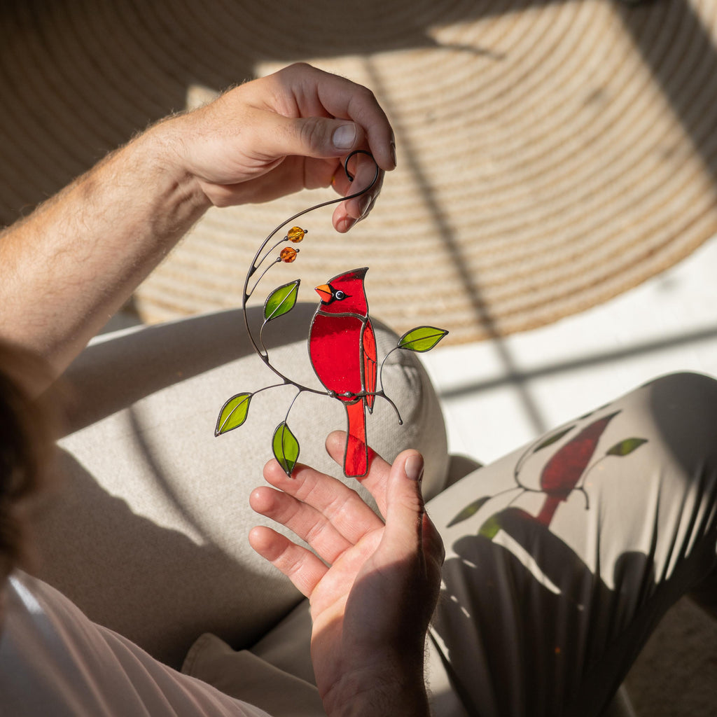 Cardinal stained glass window hangings Loss of a loved one Custom stained glass bird suncatcher Godfather gift