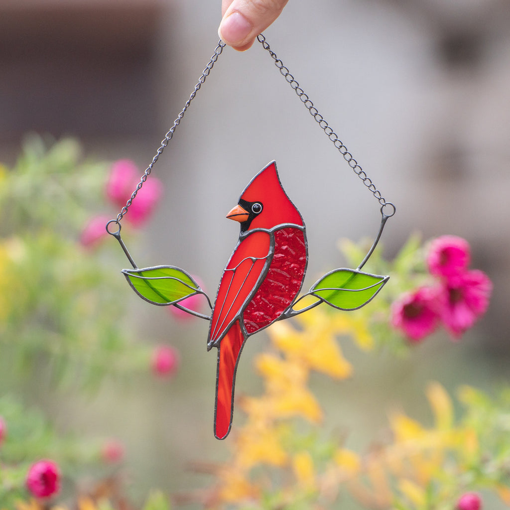 Stained glass cardinal bird Gift for dad Custom stained glass cardinal memorial ornament Stained glass window hangings Garden decoration