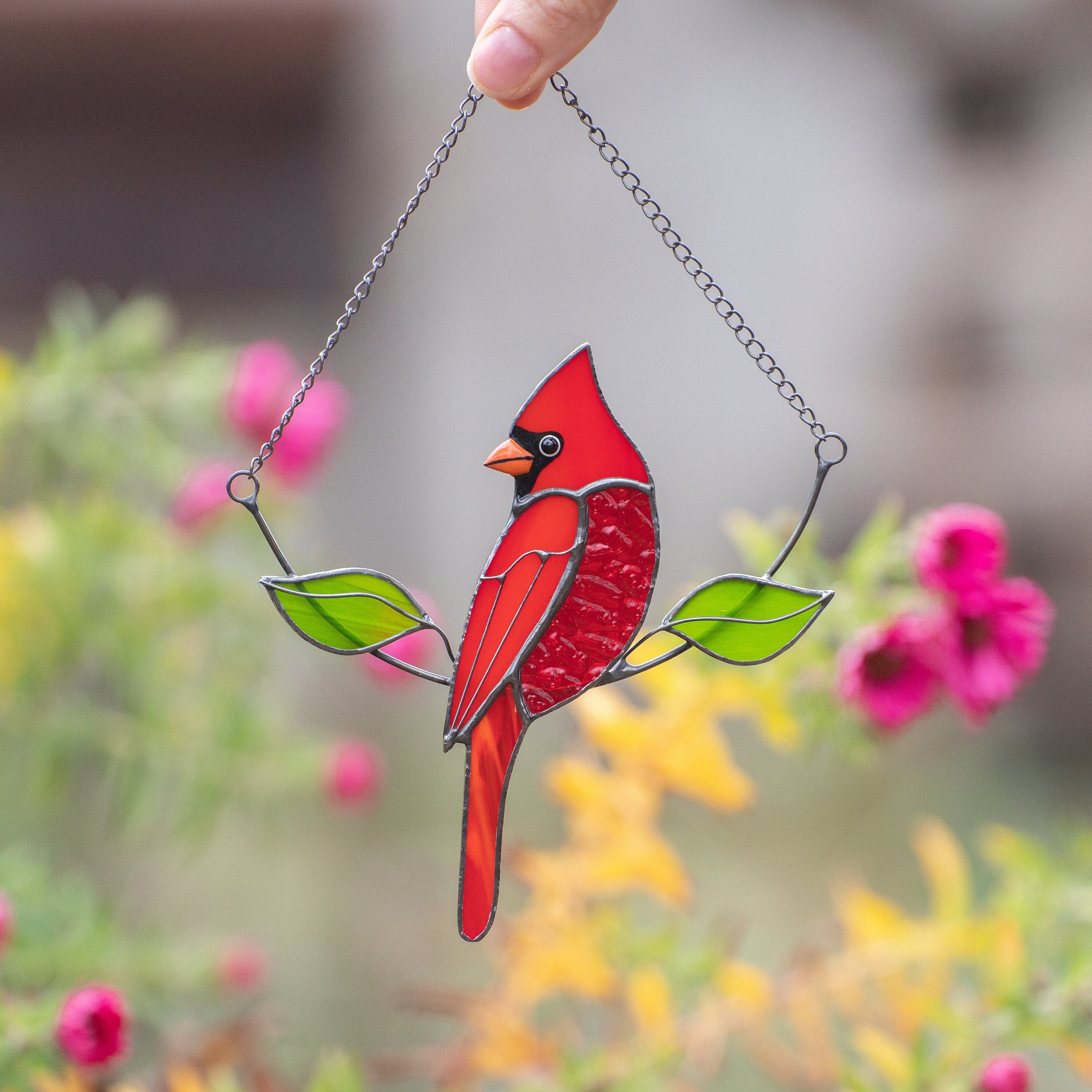 Stained glass cardinal bird Gift for dad Custom stained glass cardinal memorial ornament Stained glass window hangings Garden decoration