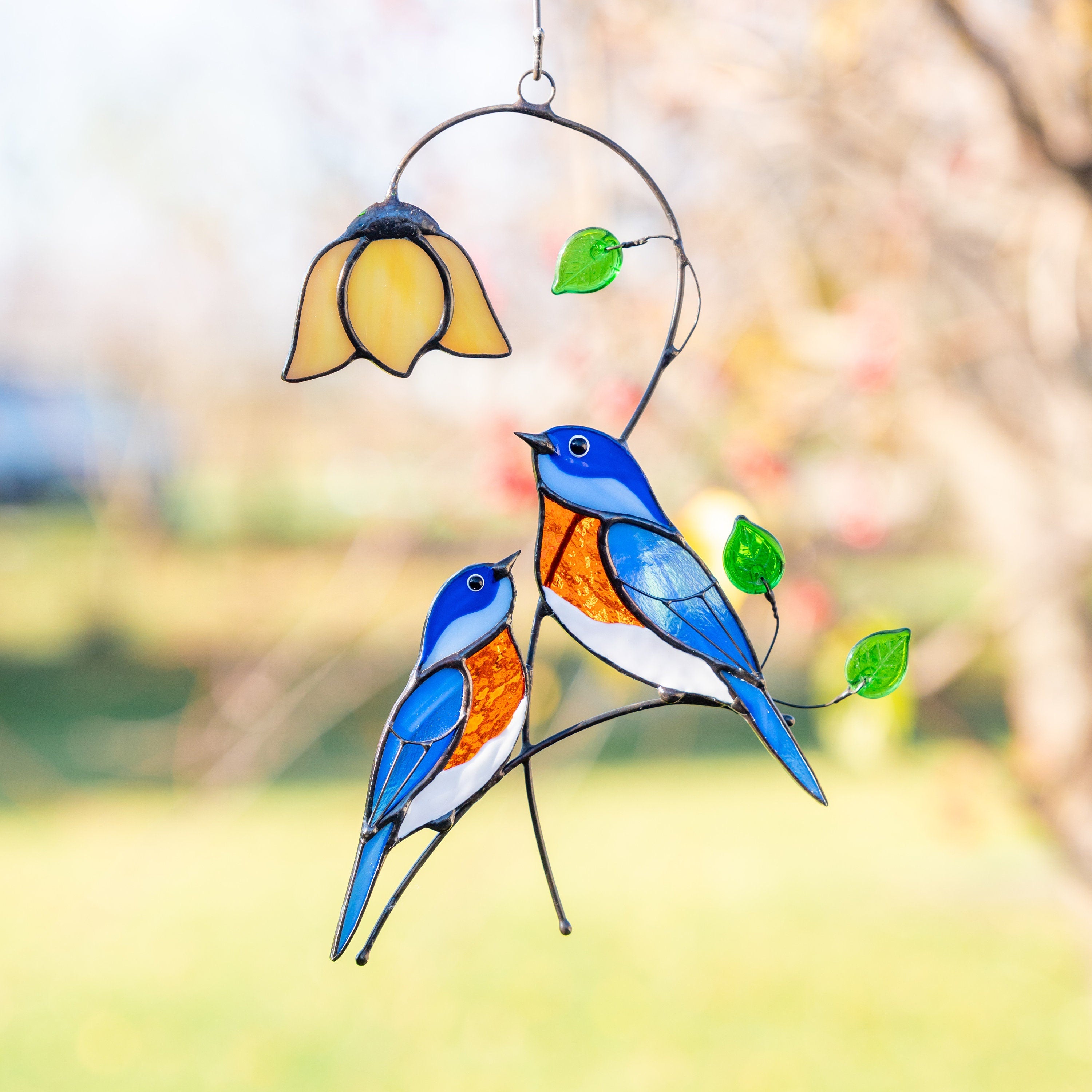 Stained glass bird suncatcher Gifts for grandma Custom stained glass ornaments Bluebird stained glass window hangings