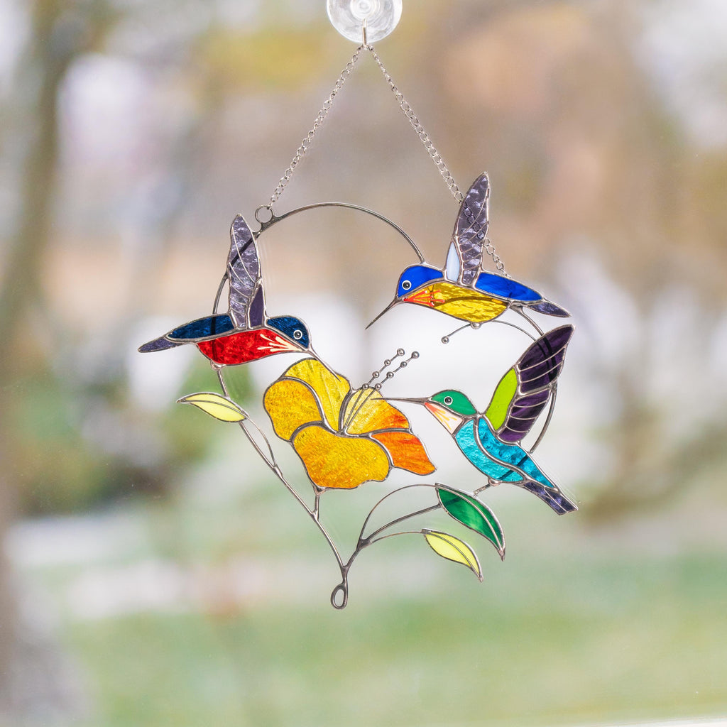 Stained glass hummingbird suncatcher Gifts for grandma Custom stained glass window hangings Hummingbird gifts Hibiscus plant