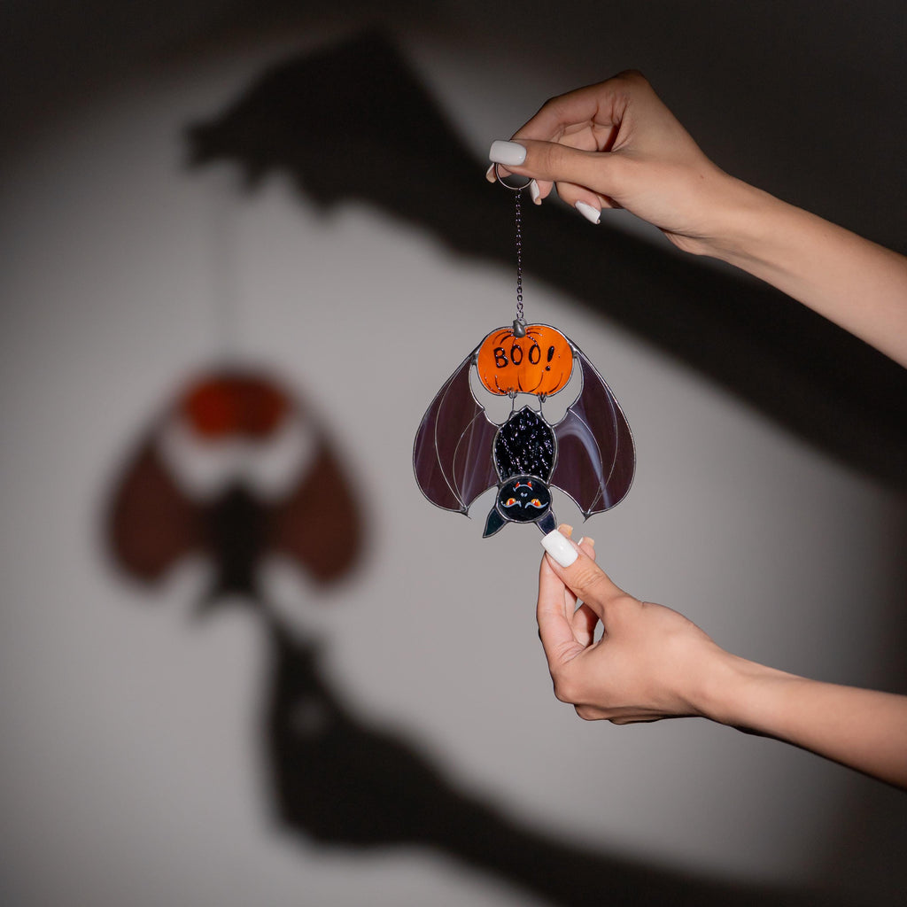 Stained glass window hangings Bat suncatcher Halloween gifts Boo Fall decorations Bat house Pumpkin decor Halloween suncatcher