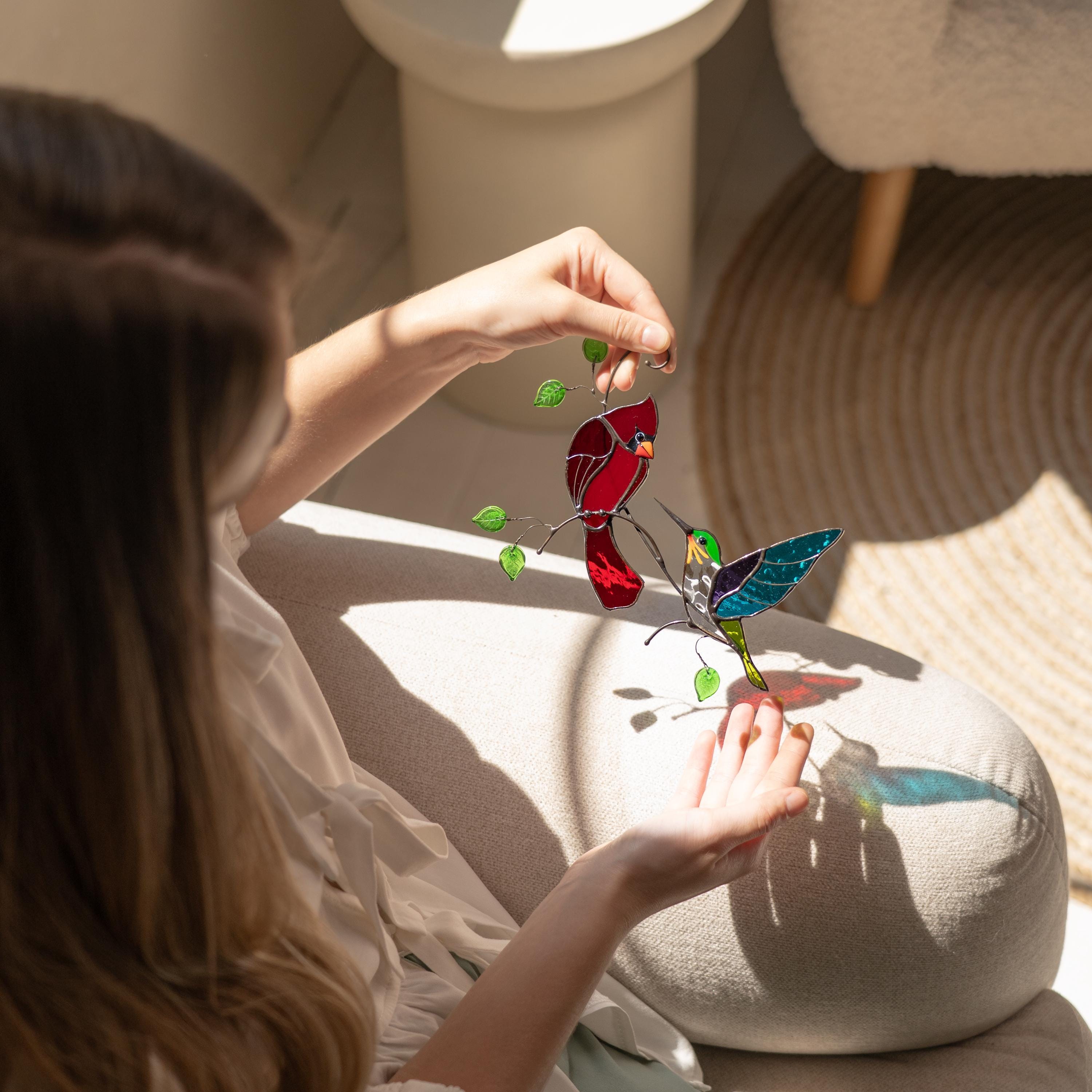 Cardinal stained glass window hangings Grandparent gifts Hummingbird ornament Custom stained glass sun catcher Cardinal ornament