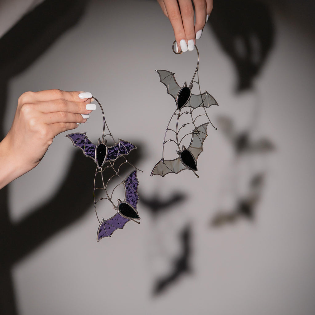 Purple stained glass bat suncatcher Halloween window hangings Unique glass ornament Handmade gift decor