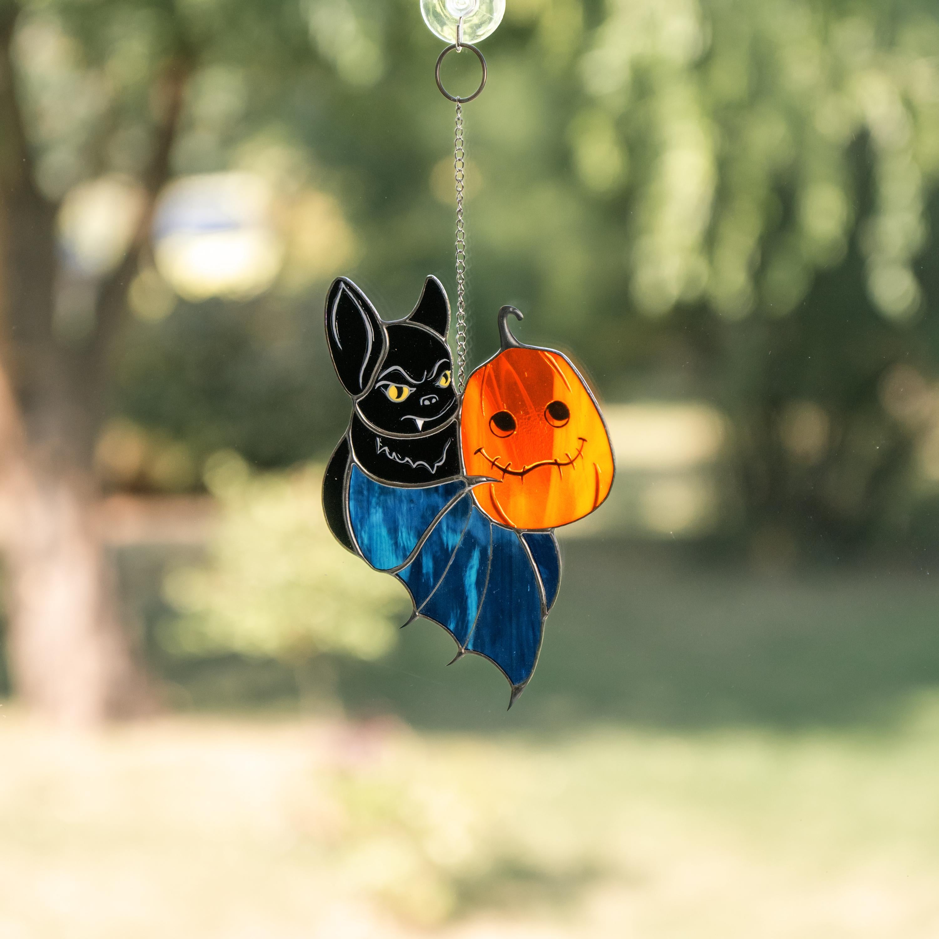 Stained glass Halloween suncatcher Bat glass ornament Halloween pumpkin stained glass sun catcher Bat wings handmade product