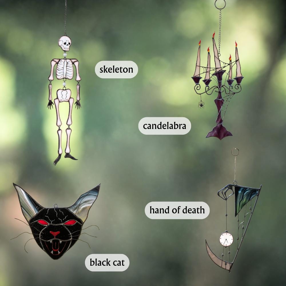 Stained glass grim reaper suncatcher Gothic home decor Unique handmade spooky season gift