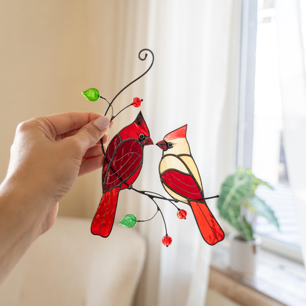 Stained glass cardinal ornament Gifts for husband Cardinal stained glass window hangings Bird lover gifts Stained glass art