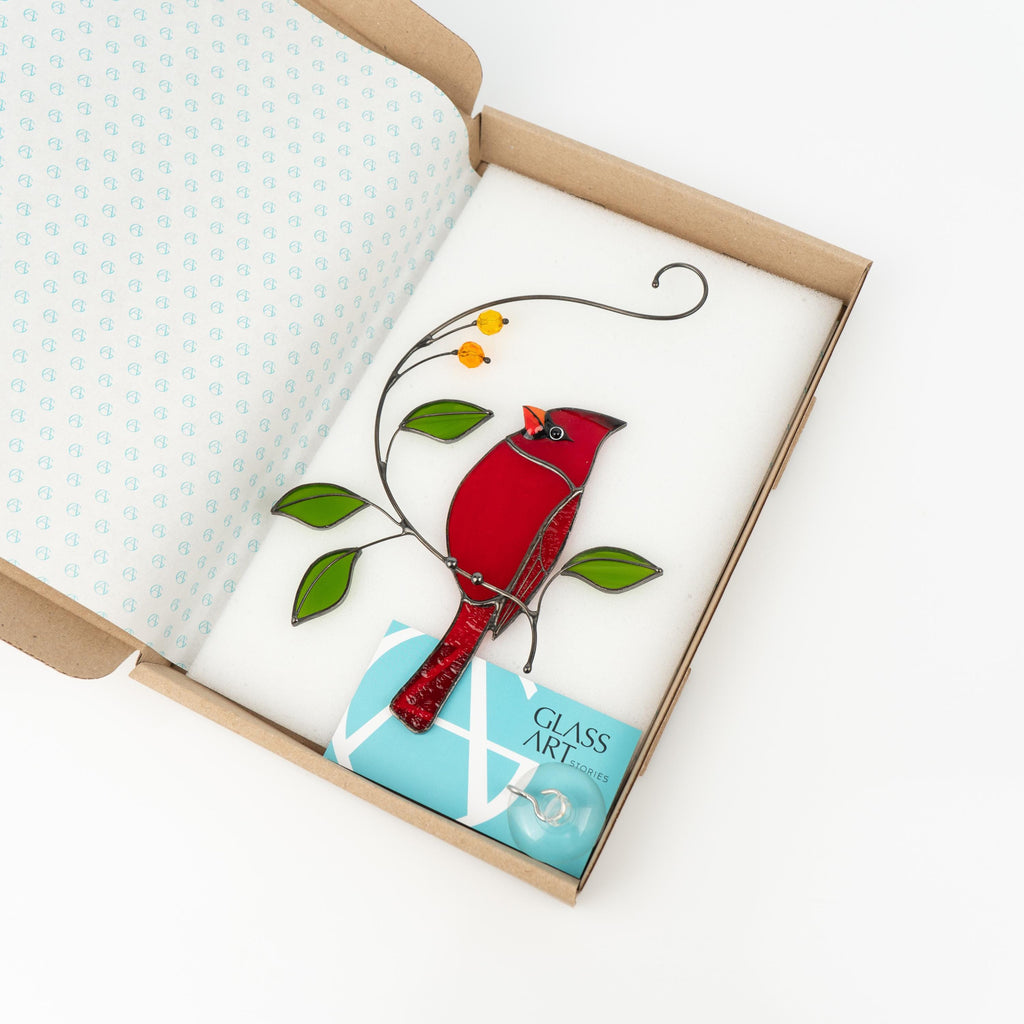 Cardinal stained glass bird Sympathy gifts for loss of father Cardinal ornament stained glass window hangings Godfather gift
