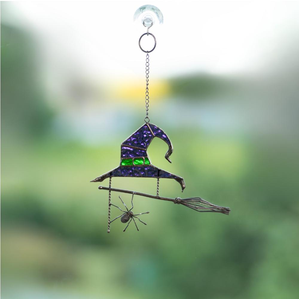 Stained glass witches broom Halloween spirit Custom stained glass window hangings Wizard hat Halloween stained glass web suncatchers