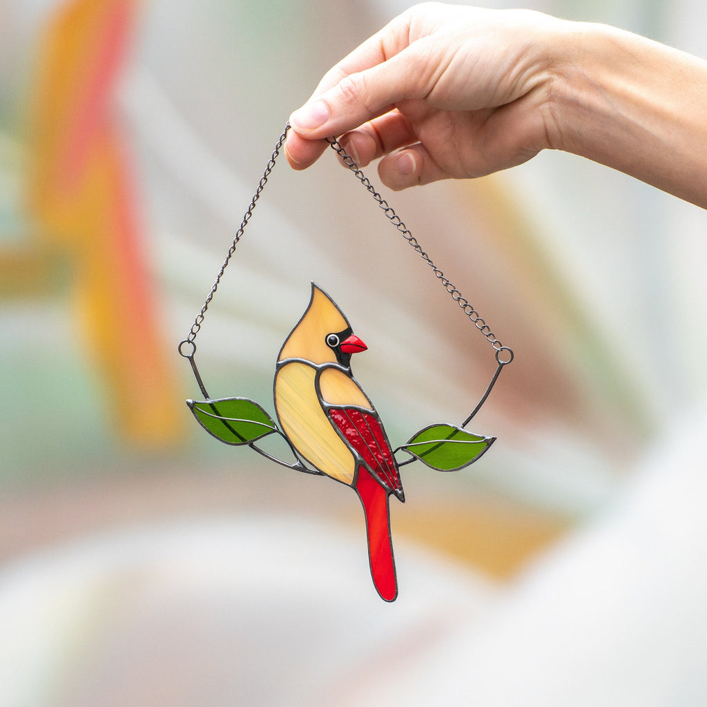 Cardinal bird stained glass window hangings Gifts for mom from daughter Custom stained glass bird suncatcher Cardinal memorial ornament