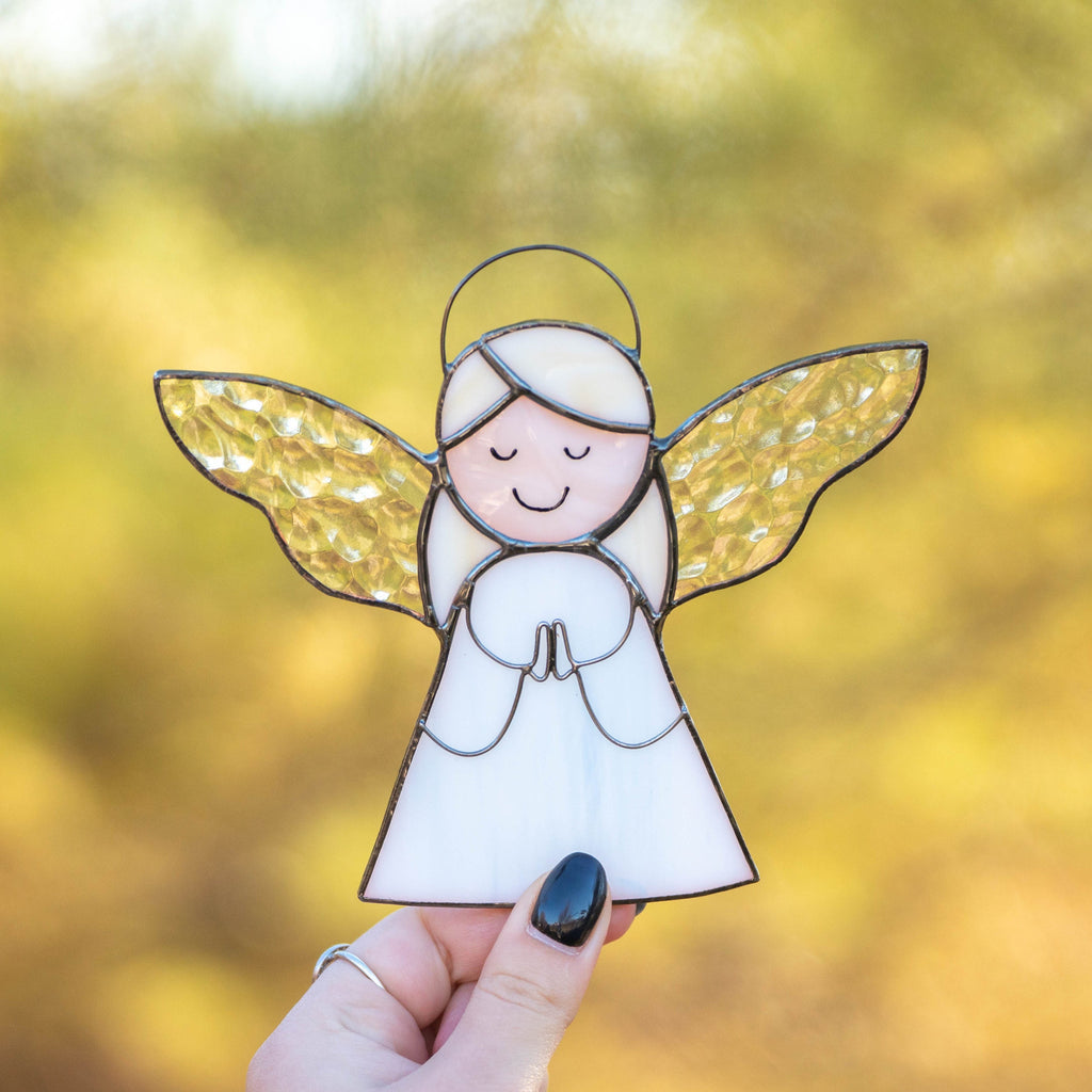 Stained glass angel suncatcher New mom gift Custom stained glass window hangings Guardian angel