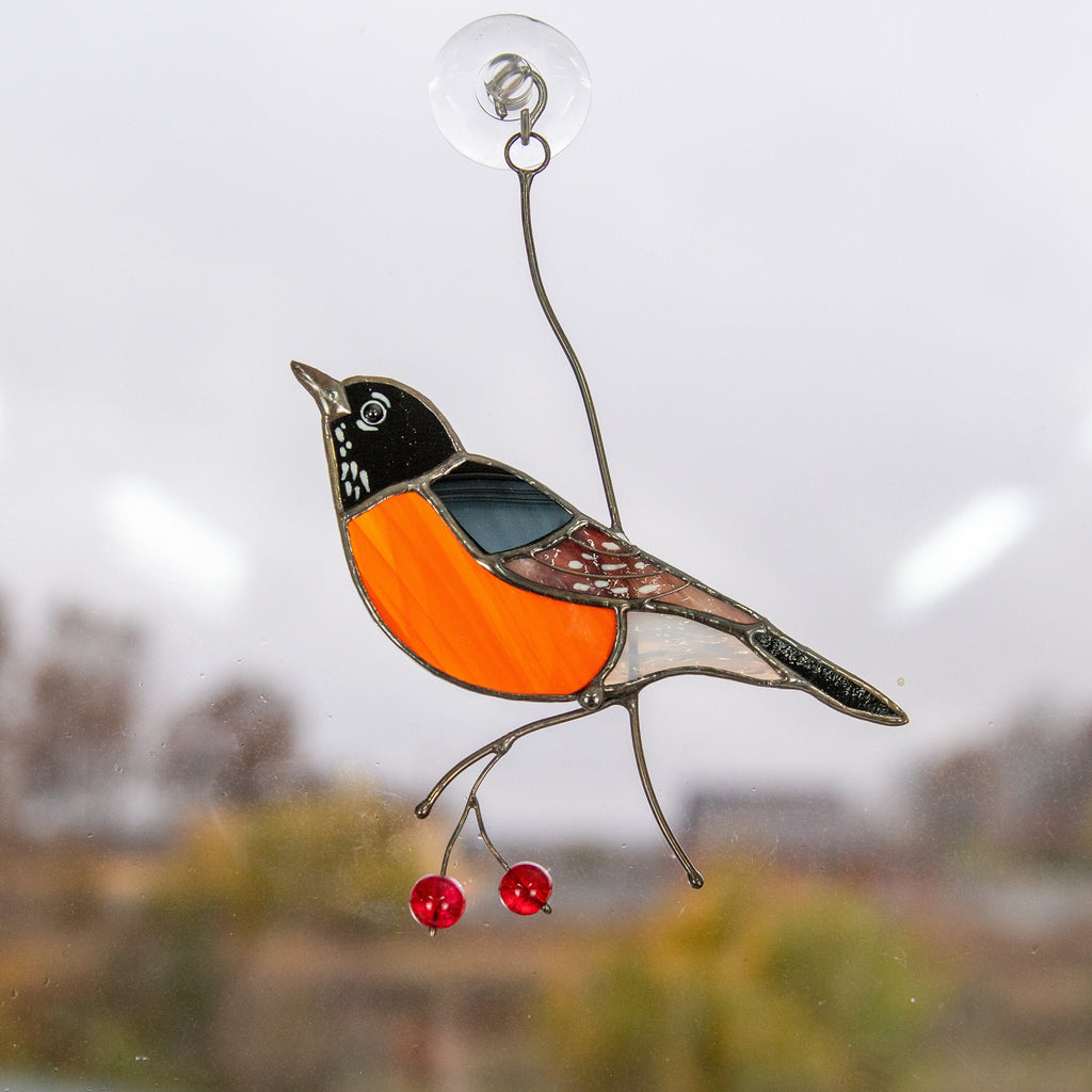 Stained glass American robin bird suncatcher Unique gift for mom Glass bird window hangings Cottage core decor
