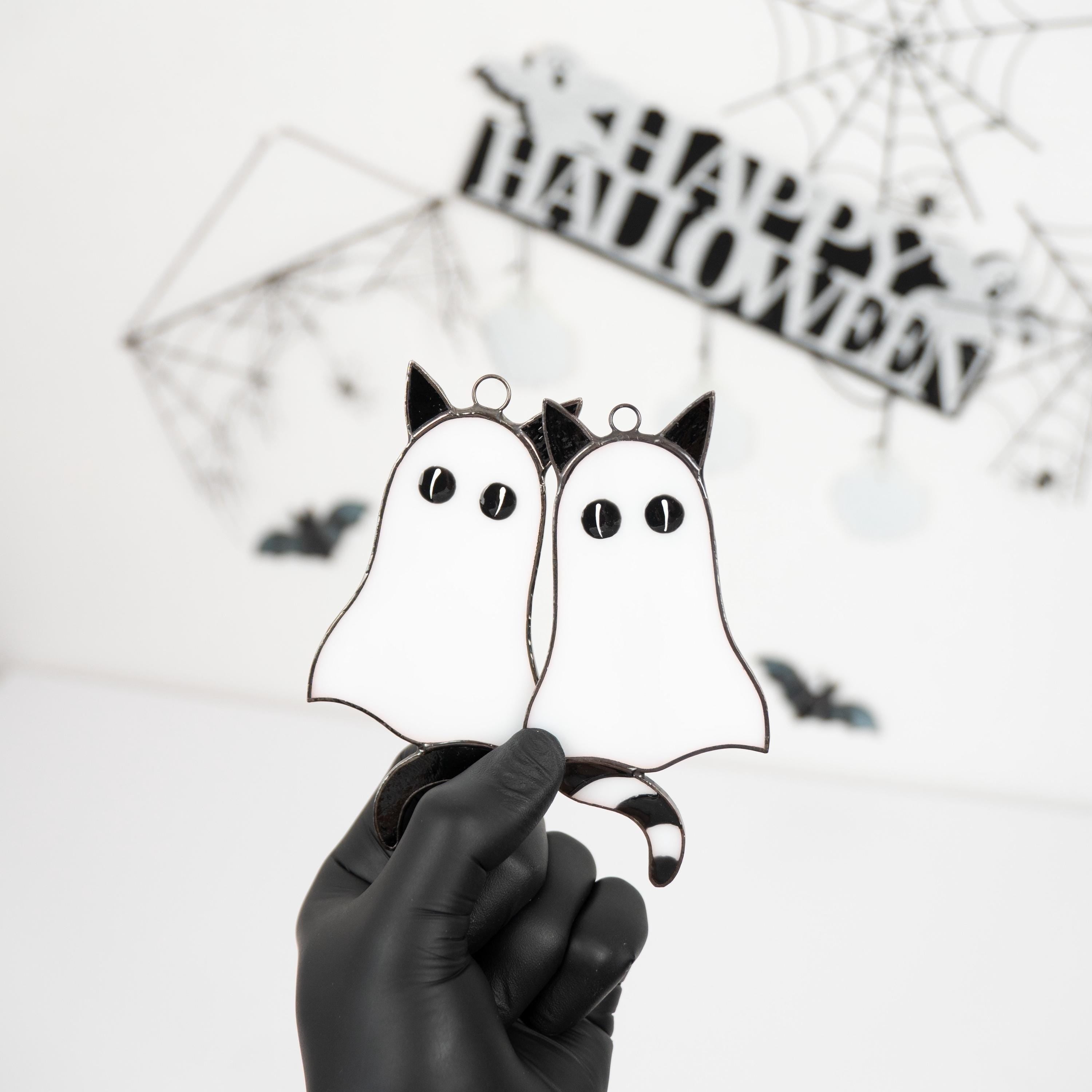 Stained glass ghost cat suncatcher Halloween cat window hangings Cute spooky decor Handmade gift for cat lovers