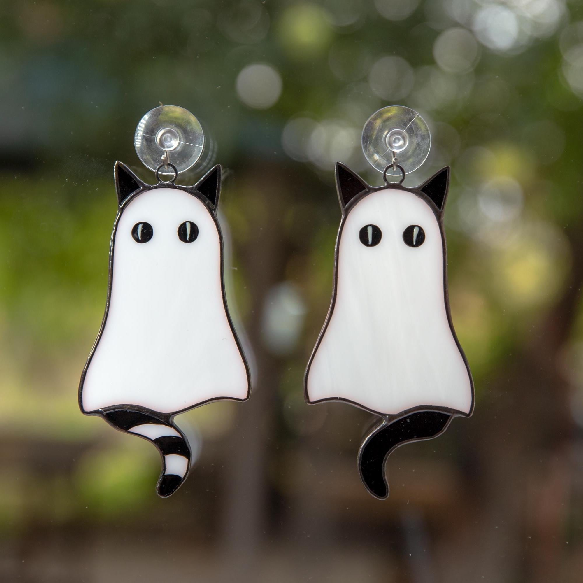 Stained glass ghost cat suncatcher Halloween cat window hangings Cute spooky decor Handmade gift for cat lovers