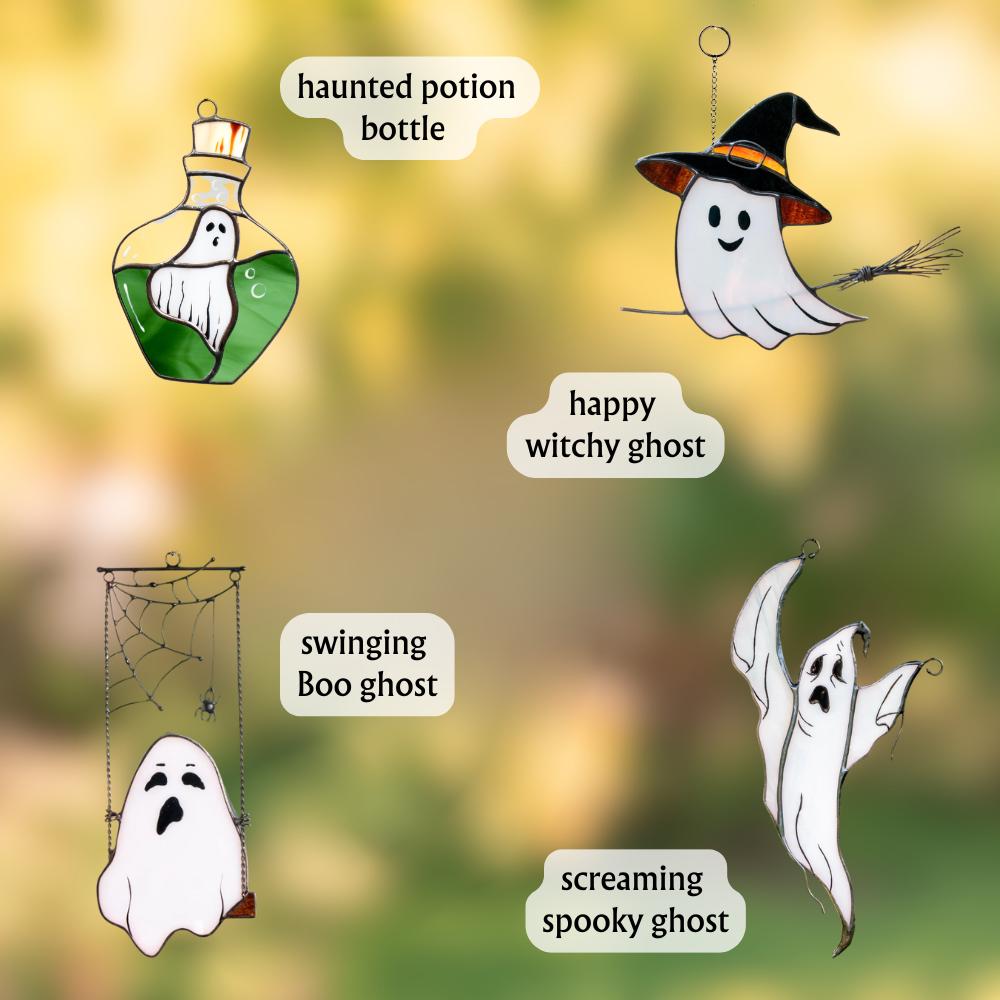 Cute ghost stained glass art suncatcher Haunted potion bottle window hangings Cute handmade gift for Halloween party