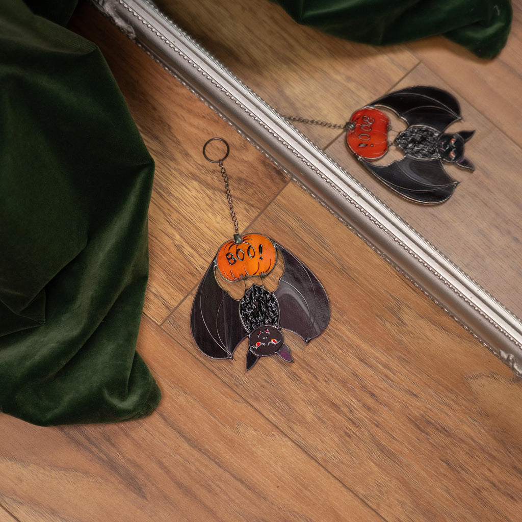 Stained glass window hangings Bat suncatcher Halloween gifts Boo Fall decorations Bat house Pumpkin decor Halloween suncatcher