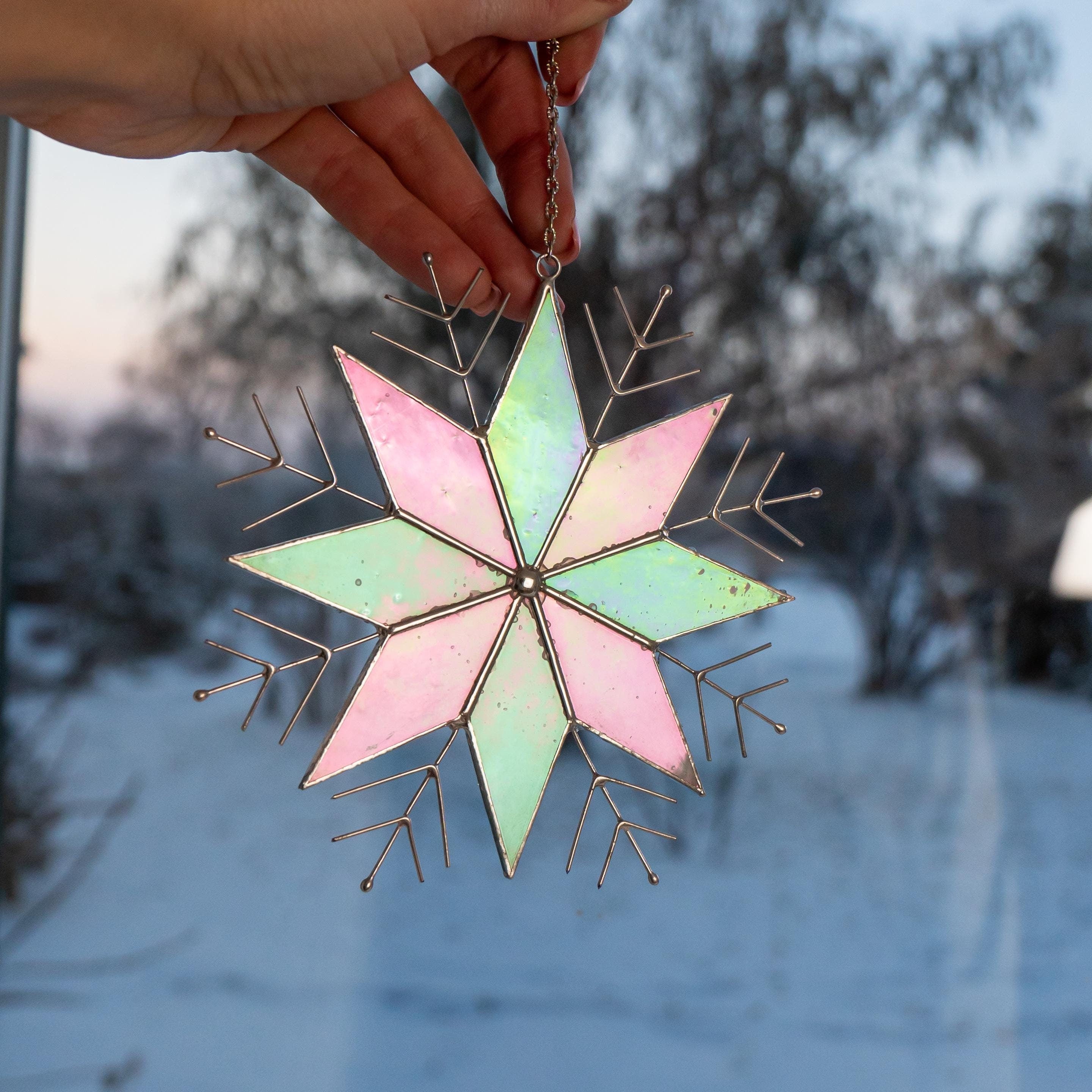 Snowflakes stained glass window hangings Christmas gifts ideas Winter decor stained glass sun catcher Handmade product Christmas decoration