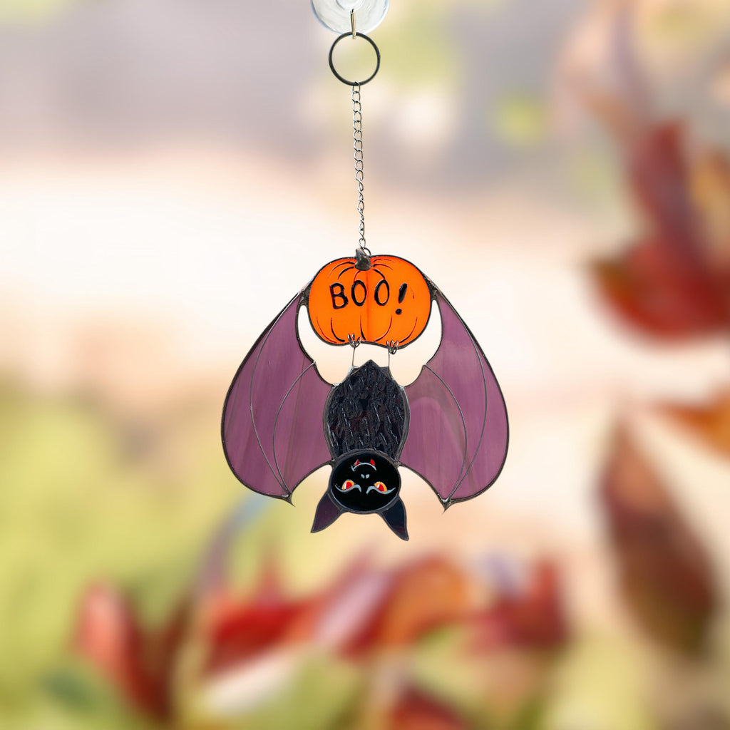 Stained glass window hangings Bat suncatcher Halloween gifts Boo Fall decorations Bat house Pumpkin decor Halloween suncatcher
