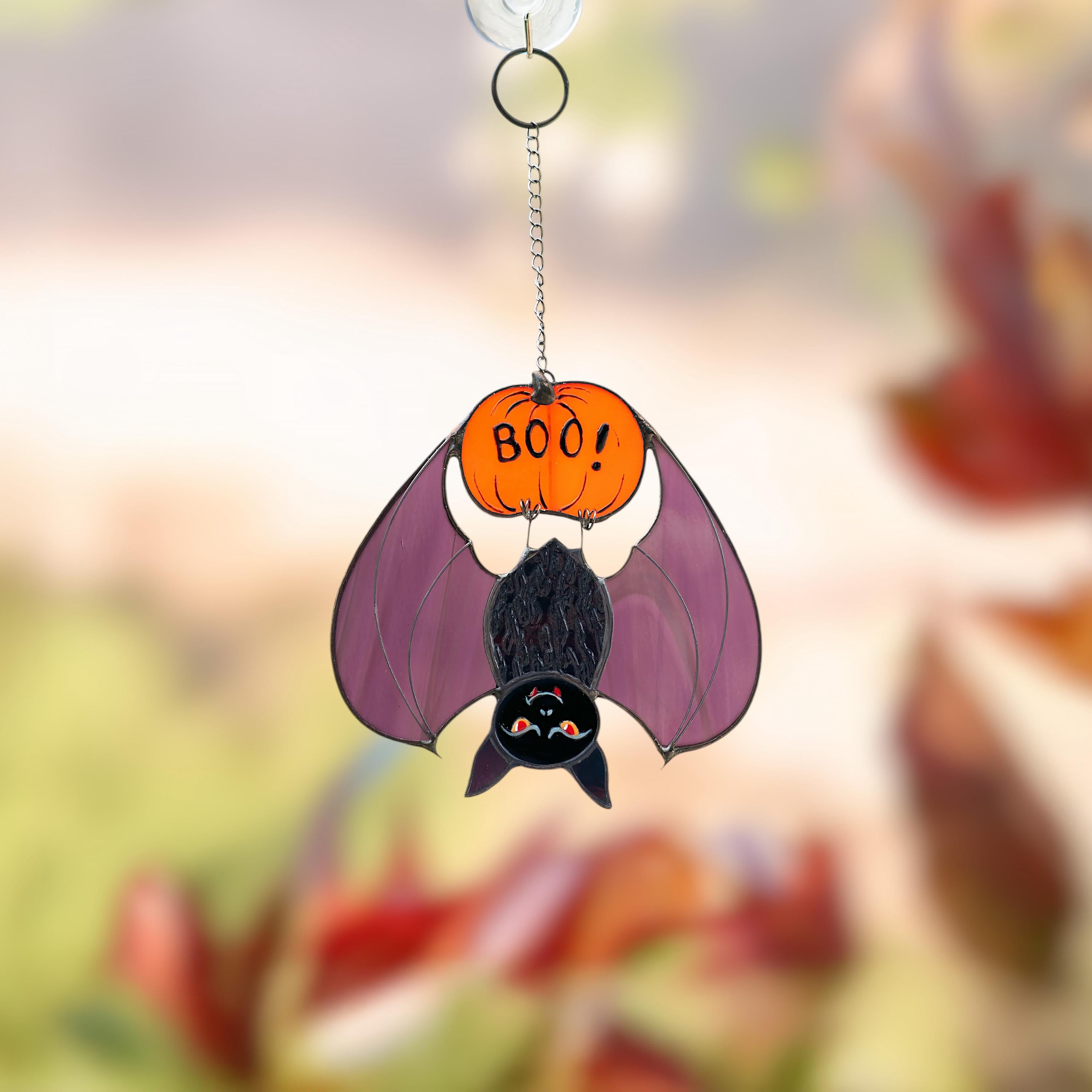 Stained glass window hangings Bat suncatcher Halloween gifts Boo Fall decorations Bat house Pumpkin decor Halloween suncatcher