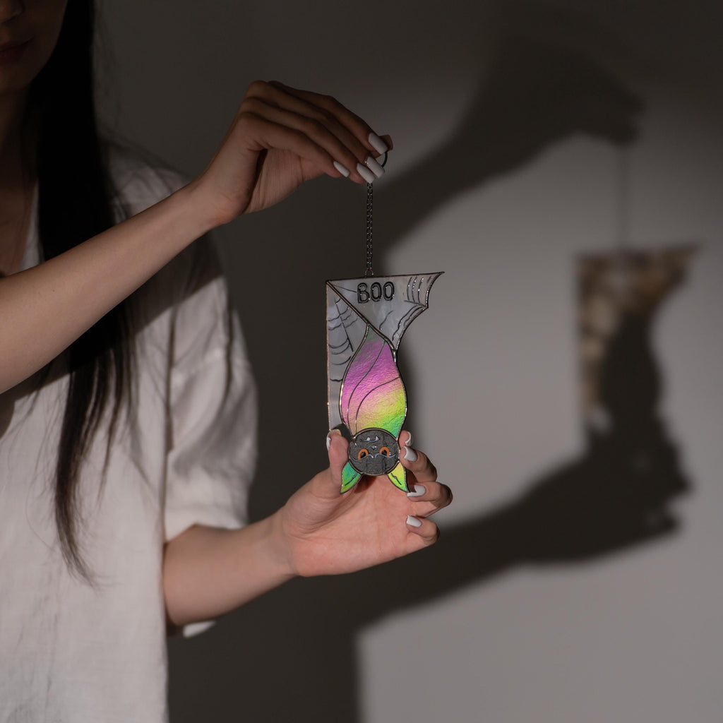 Stained glass bat suncatcher Gothic home decor Halloween window hanging Unique stained glass Halloween gift Bat house decoration