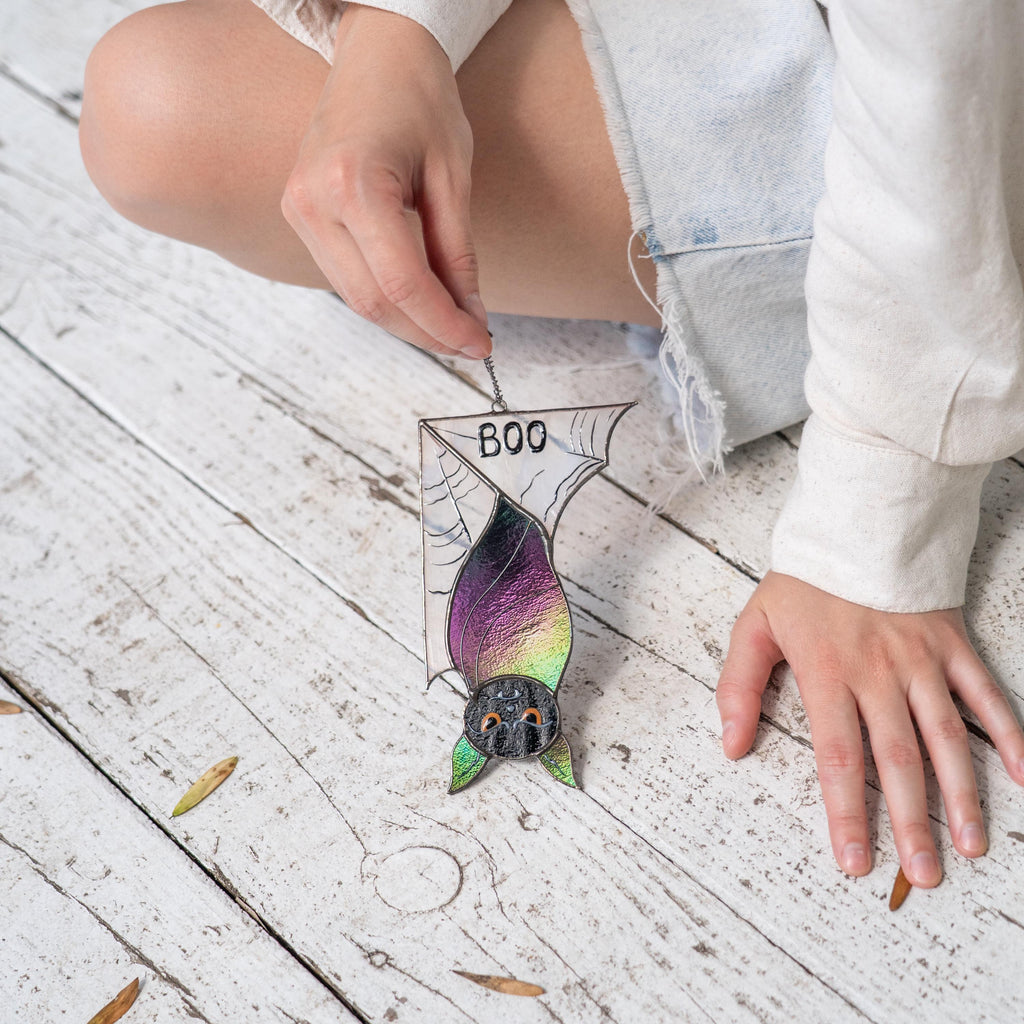 Stained glass bat suncatcher Gothic home decor Halloween window hanging Unique stained glass Halloween gift Bat house decoration