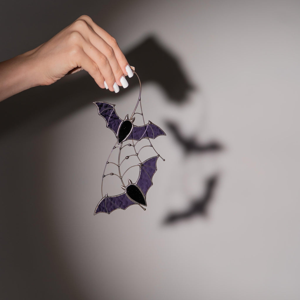 Purple stained glass bat suncatcher Halloween window hangings Unique glass ornament Handmade gift decor