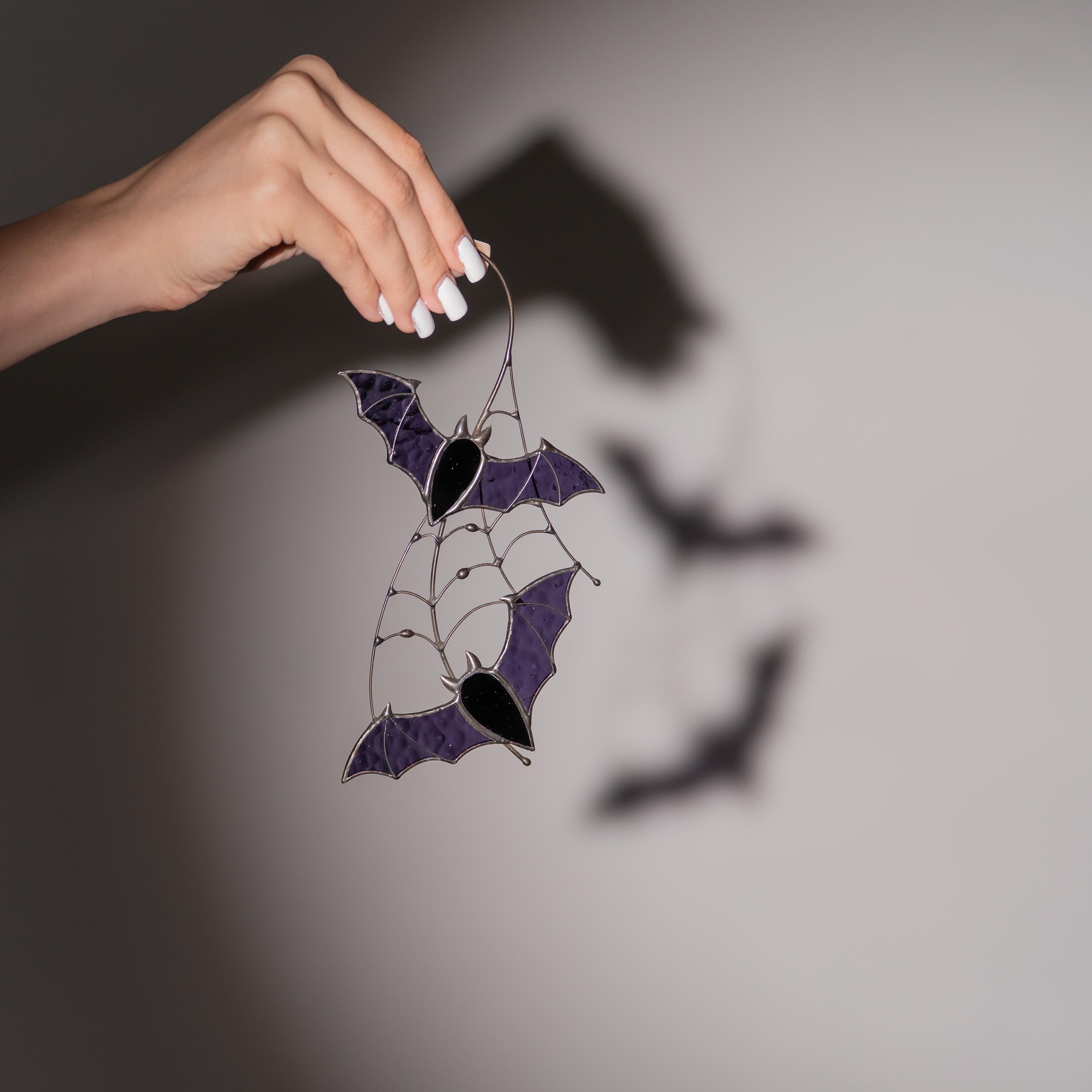 Purple stained glass bat suncatcher Halloween window hangings Unique glass ornament Handmade gift decor