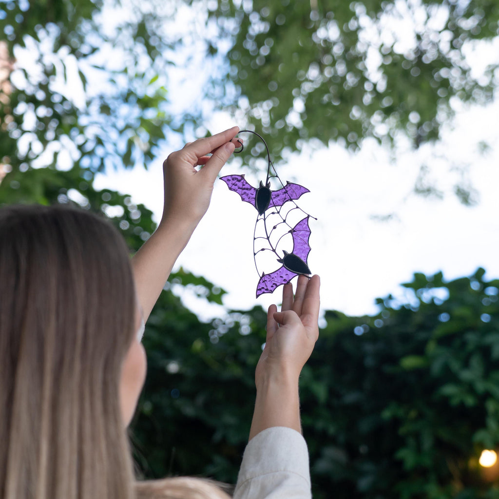 Purple stained glass bat suncatcher Halloween window hangings Unique glass ornament Handmade gift decor