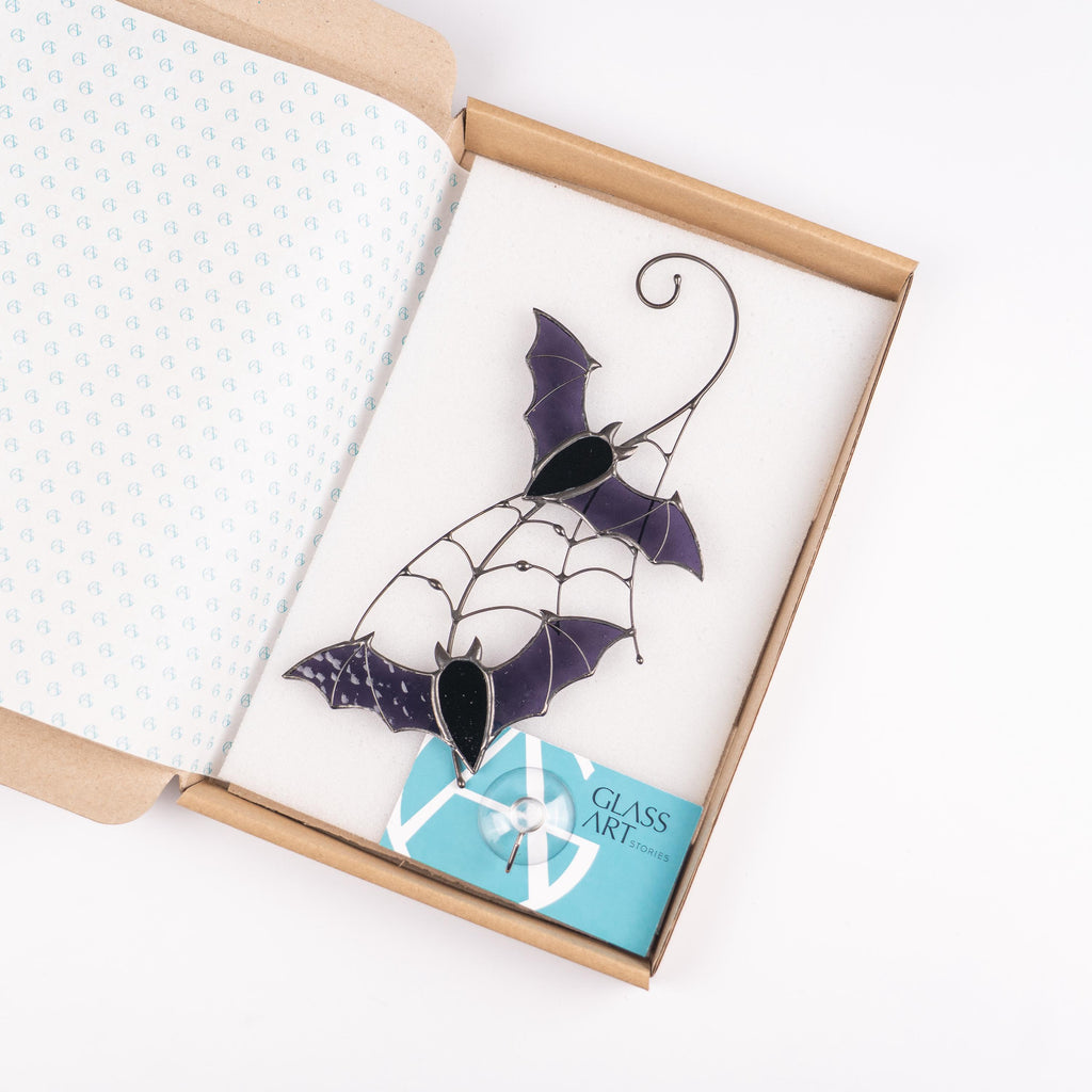 Purple stained glass bat suncatcher Halloween window hangings Unique glass ornament Handmade gift decor