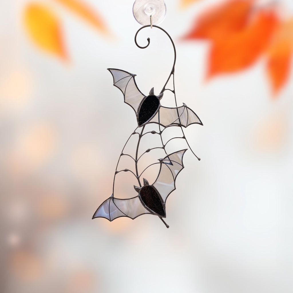 Black stained glass bat suncatcher Halloween ornament Window hangings Unique handmade gift for spooky season
