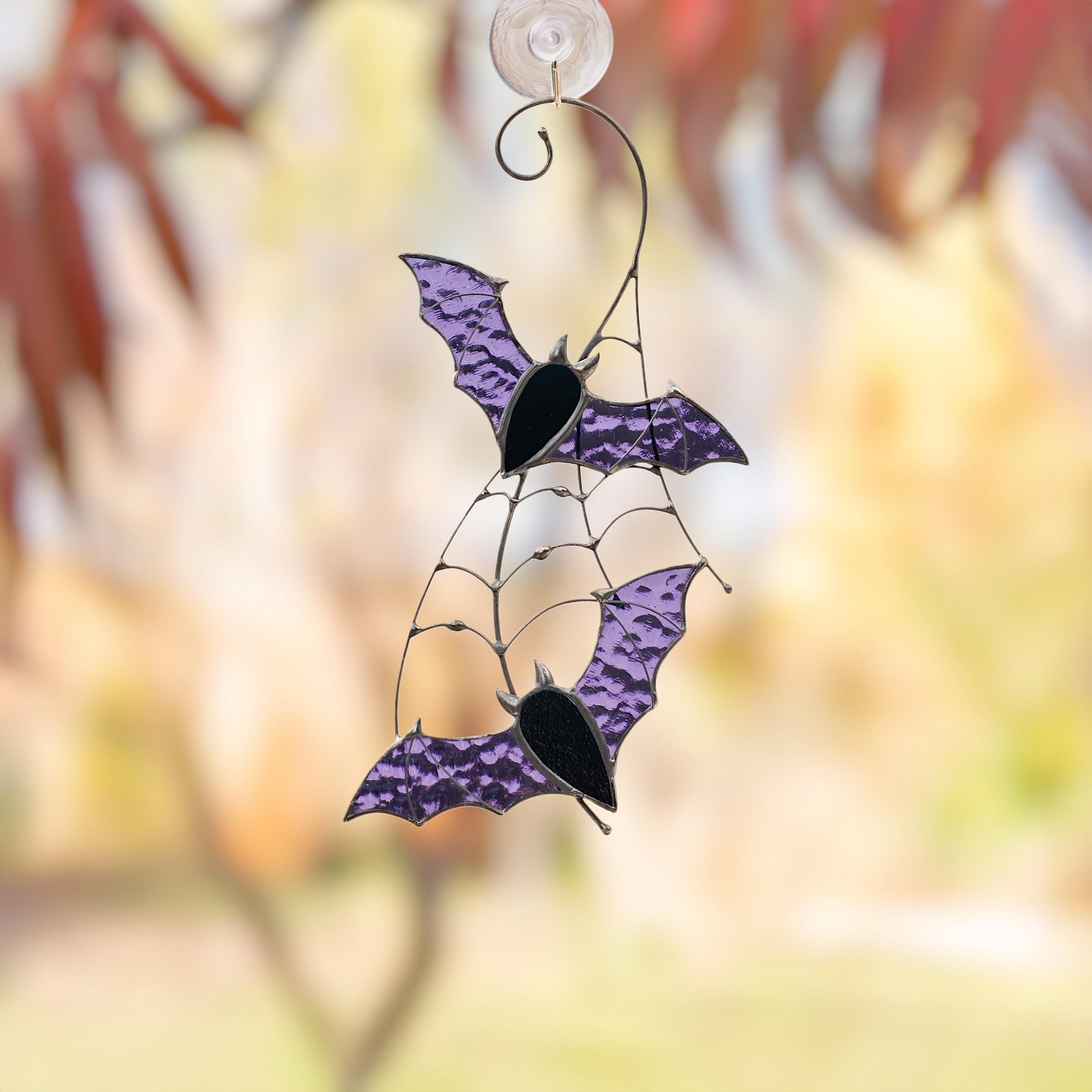 Purple stained glass bat suncatcher Halloween window hangings Unique glass ornament Handmade gift decor