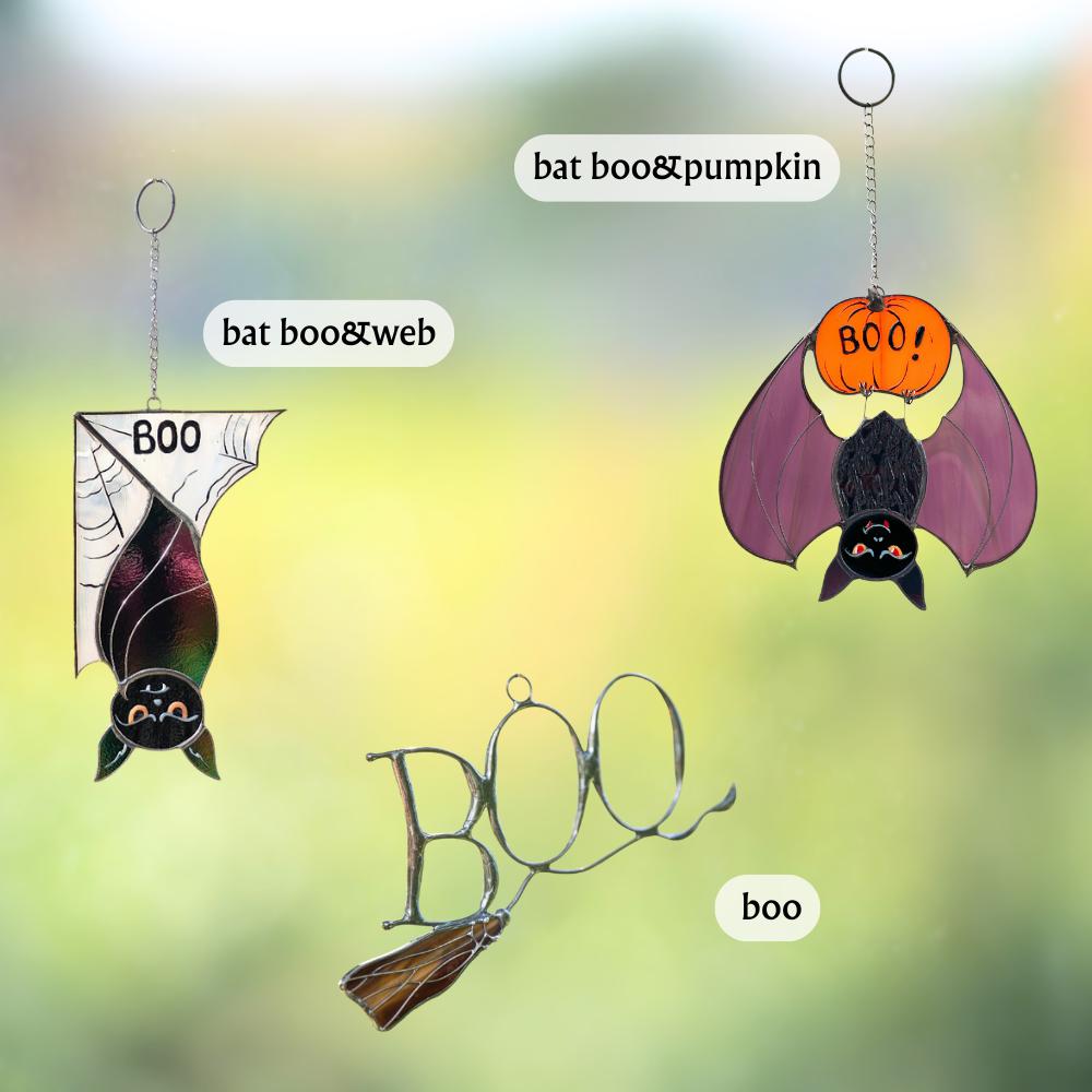 Boo to You Halloween stained glass window hangings Halloween gifts Custom stained glass witches broom Halloween spirit Spooky ornaments