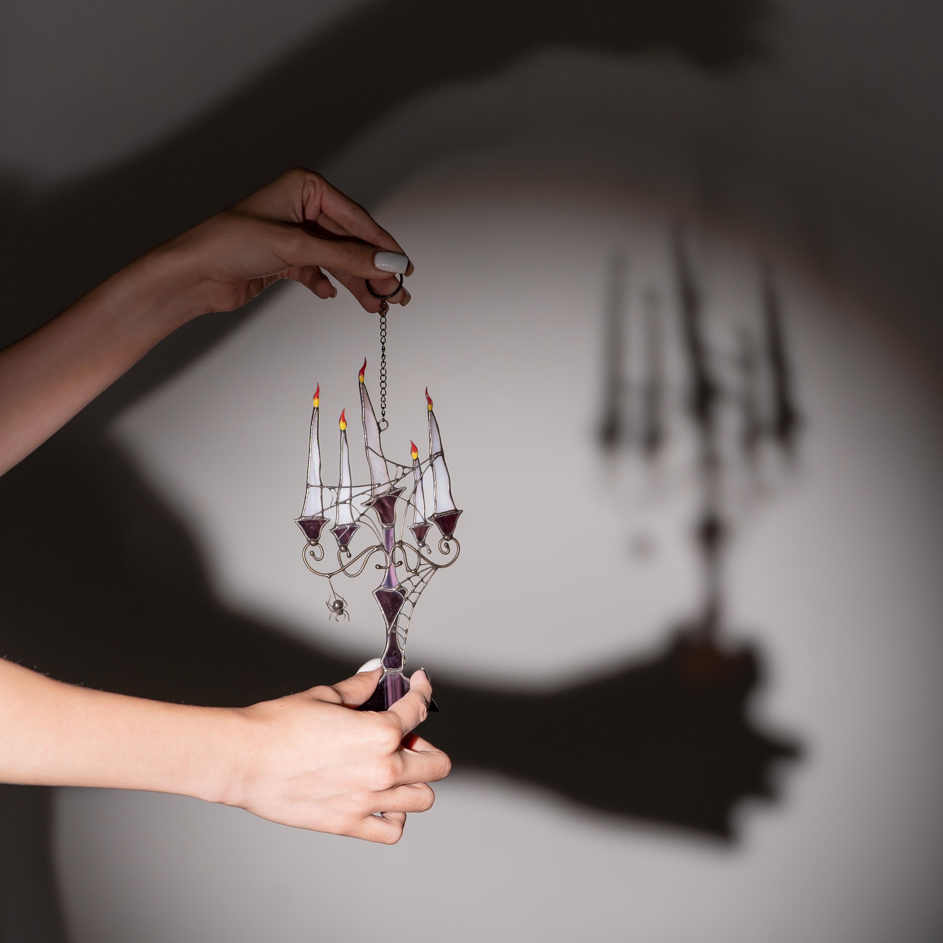 Stained glass Halloween candle holder Gothic candelabra Unique modern candle decor Handmade Halloween gifts for home