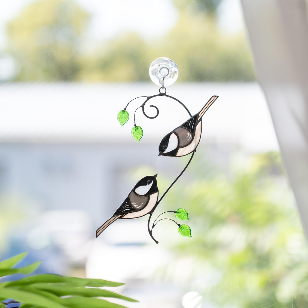 Stained glass birds suncatcher Grandparent gifts Chickadee ornament window hangings Best gift for mom Chickadee art