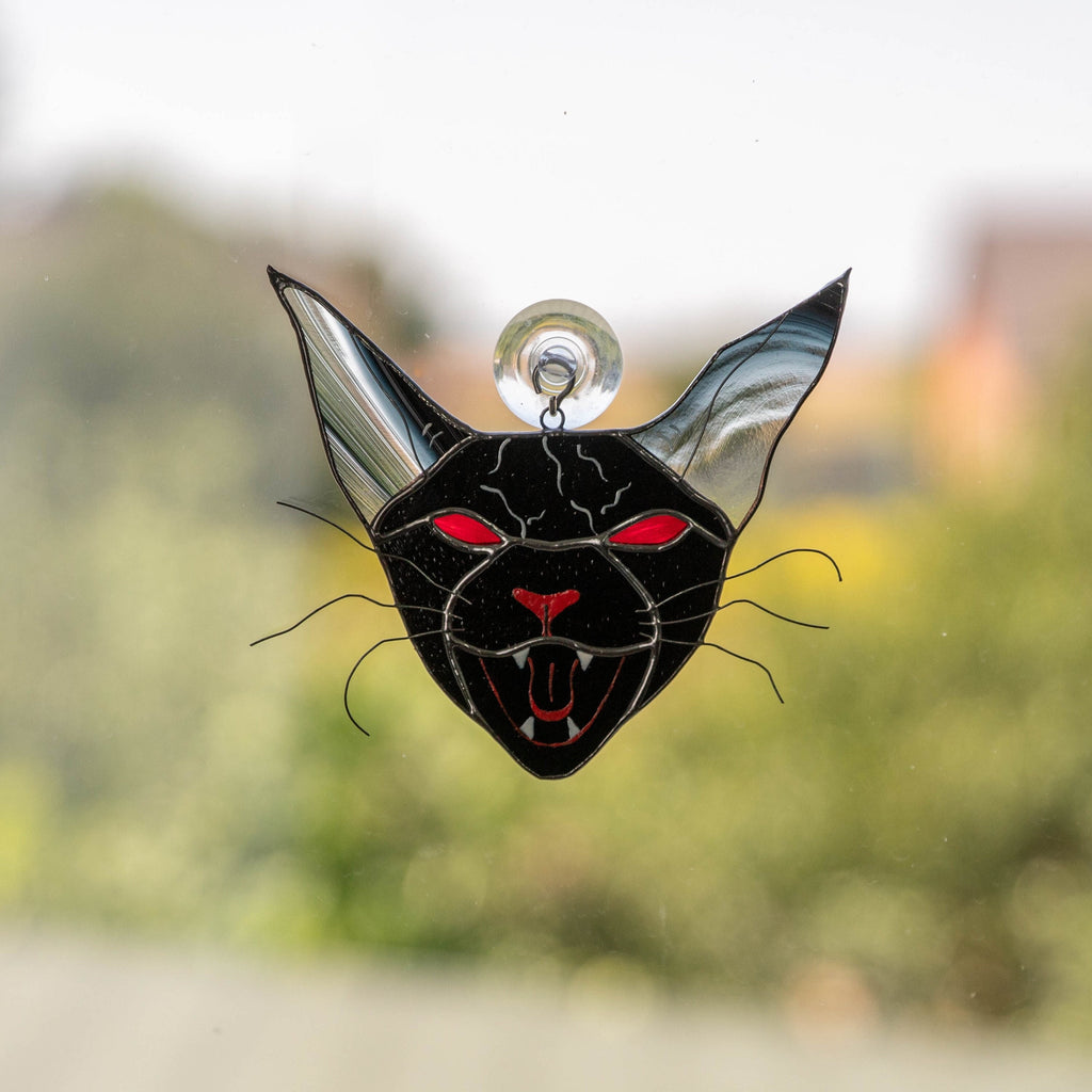 Stained glass cat Halloween decor indoor Custom stained glass window hangings Halloween suncatcher Modern stained glass Halloween gifts