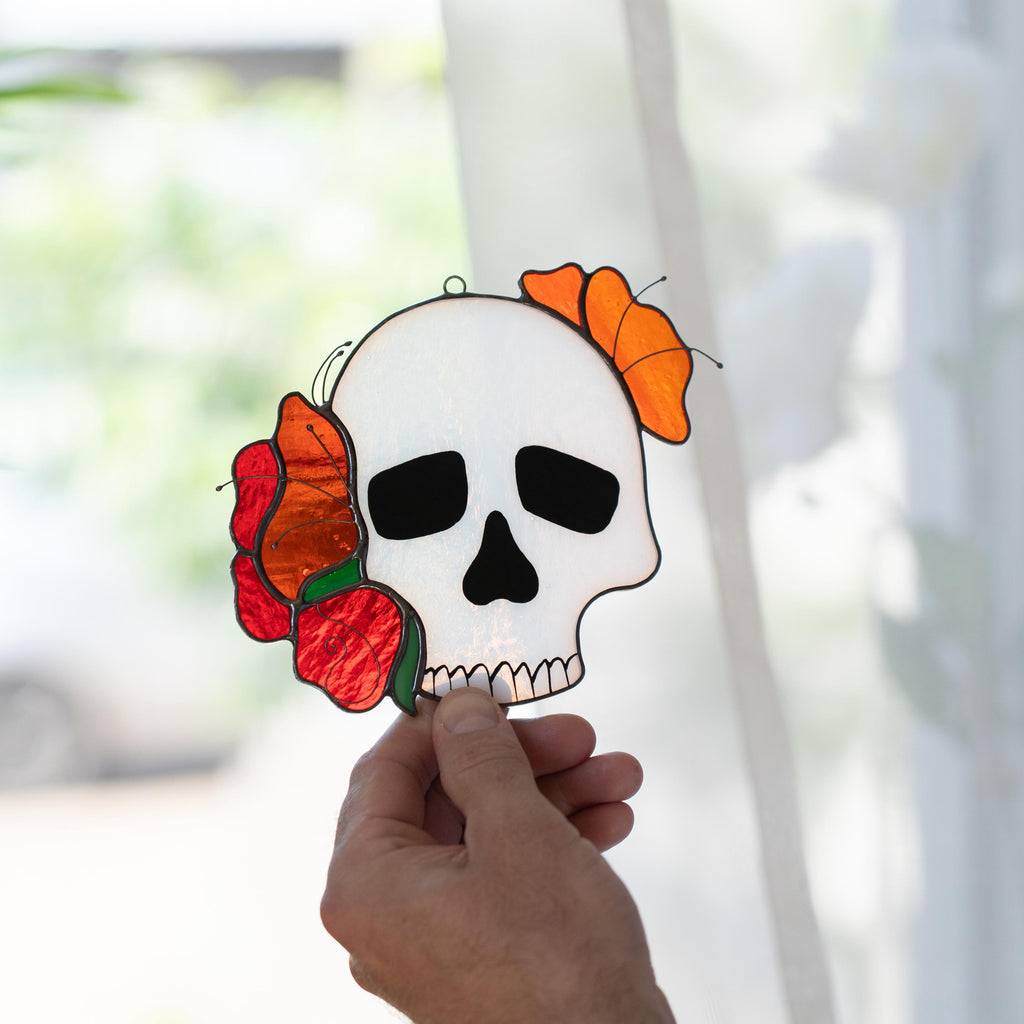 Halloween suncatcher Skull stained glass window hangings Halloween gothic home decor Halloween ornament Rose fall artwork