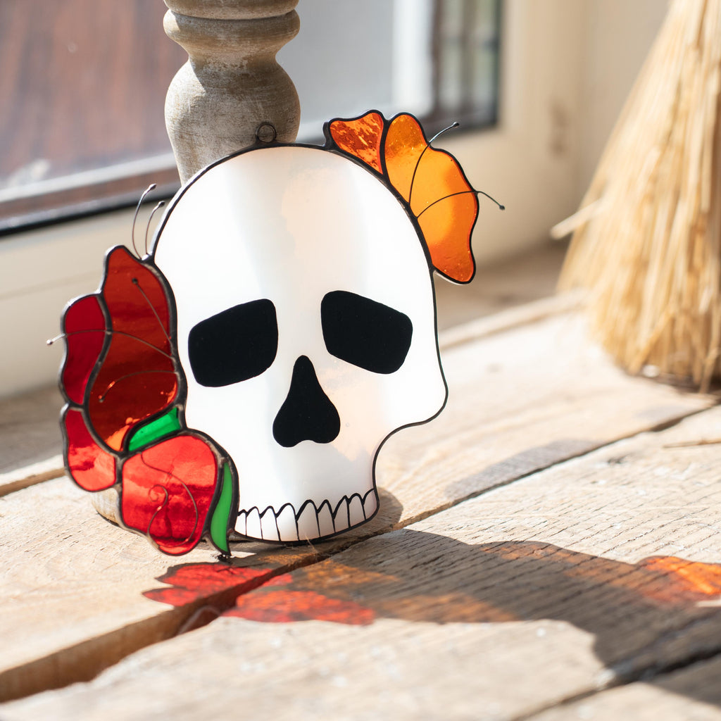 Halloween suncatcher Skull stained glass window hangings Halloween gothic home decor Halloween ornament Rose fall artwork