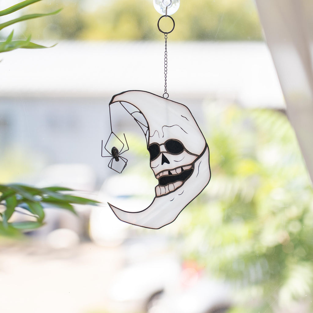 Halloween stained glass window hangings Whimsigoth decor Halloween suncatcher Moon ornament stained glass art Gothic gifts