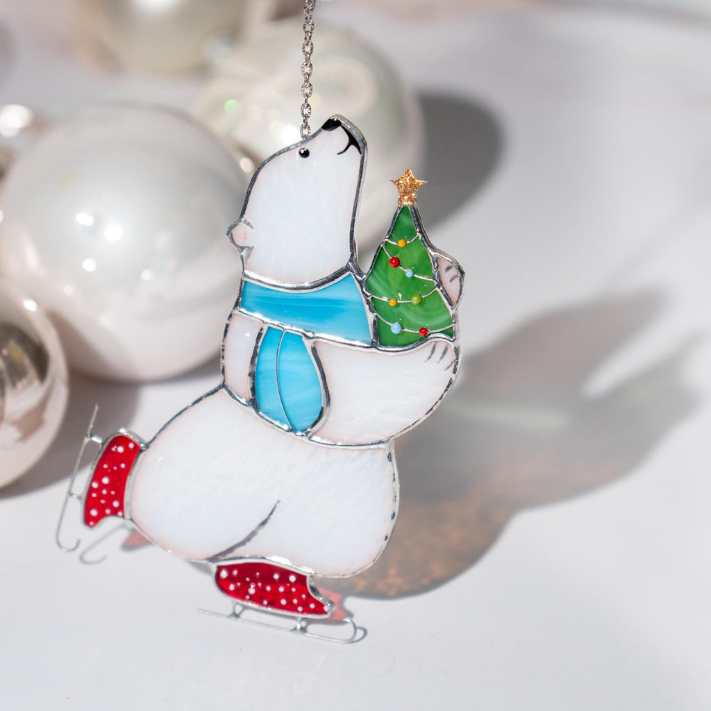 Glass Christmas ornaments stained glass window hangings Bear stained glass suncatcher Holiday hosting decor Polar bear Daughter in law gift